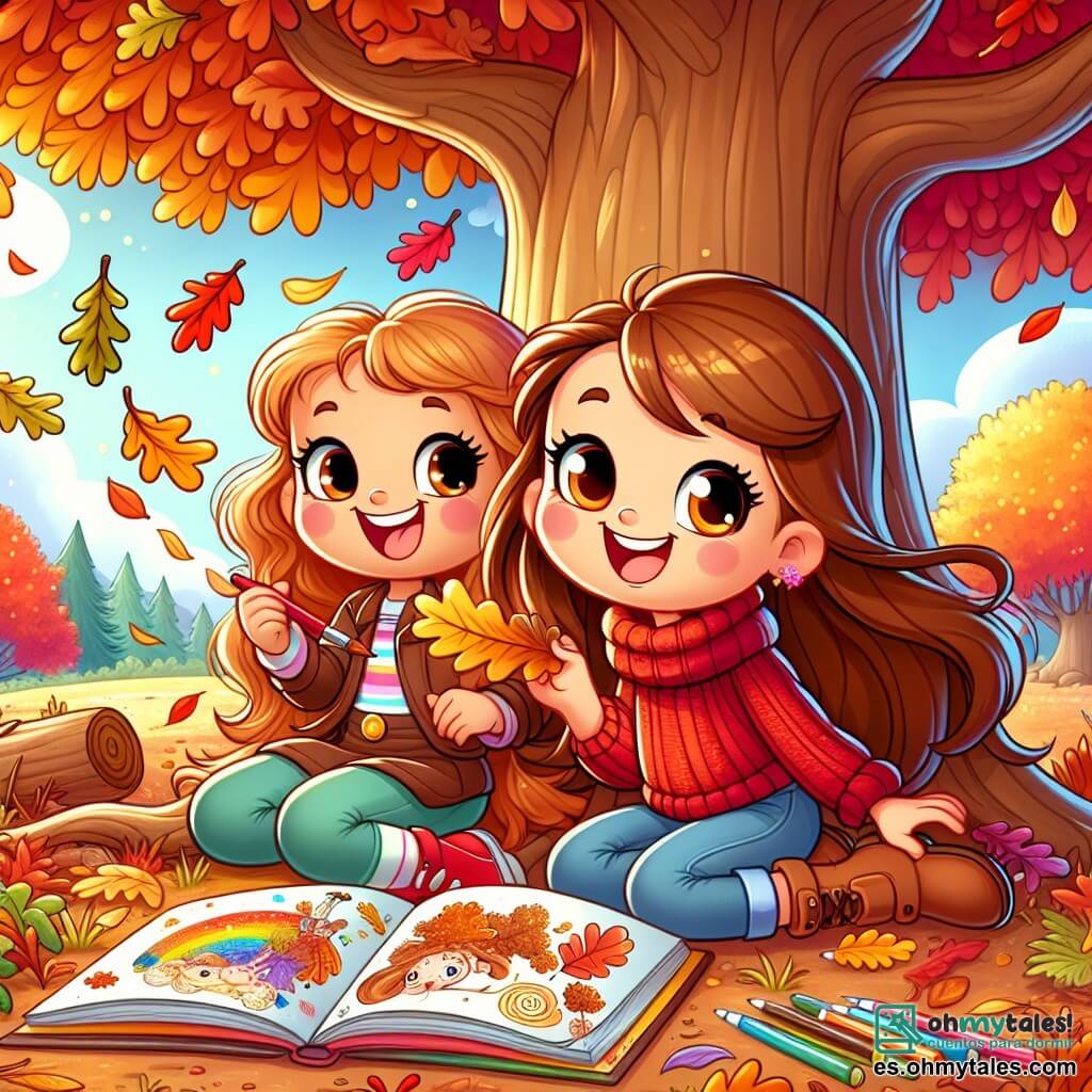 Una niña de 8 años, Lucía, con largos cabellos castaños y ojos brillantes de curiosidad, está sentada bajo un gran roble con hojas doradas. Sonríe alegremente, sosteniendo un cuaderno lleno de dibujos coloridos de la naturaleza otoñal. A su lado, su madre, una mujer de unos 30 años, con cabello castaño y un suéter de lana rojo, recoge hojas secas para decorar la casa. El lugar es un jardín encantador, lleno de árboles de colores brillantes, hojas que caen suavemente al suelo y un cielo azul claro. La escena principal muestra a Lucía dibujando una hoja de roble, rodeada de una atmósfera cálida y alegre, mientras una suave brisa hace danzar las hojas a su alrededor.
