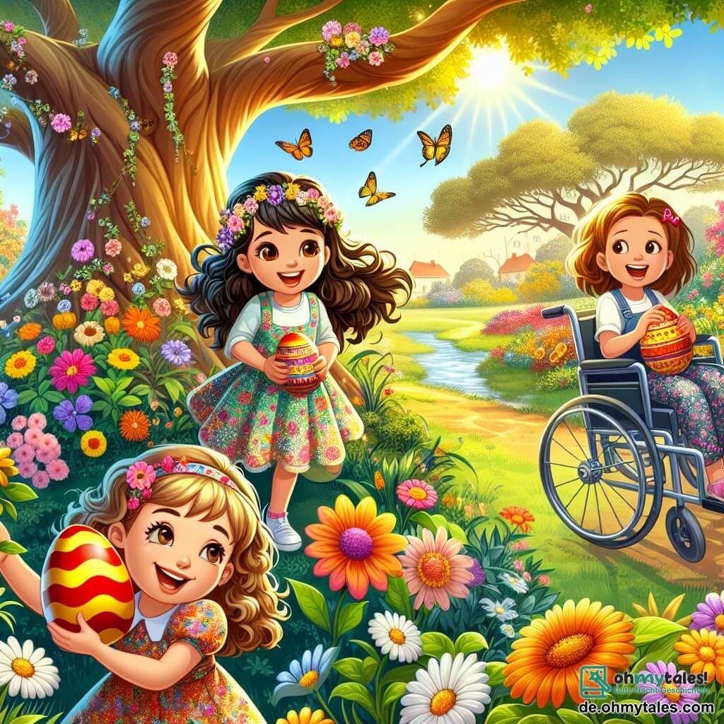 In einem wunderschönen sonnigen Garten sind drei Mädchen versammelt, um Ostereier zu suchen. Mia, ein 10-jähriges Mädchen mit lockigem, braunem Haar, trägt ein buntes Kleid und lächelt fröhlich, während sie ein rotes Ei hält. Neben ihr ist Lena, ein weiteres 10-jähriges Mädchen mit blonden Haaren und einem Zopf, die sich niederkauert und unter einer Blume sucht, ihr Gesicht von Aufregung erleuchtet. Schließlich sitzt Sophie, ein 10-jähriges Mädchen mit kastanienbraunem Haar und einem strahlenden Lächeln, in ihrem Rollstuhl und zeigt auf ein gelbes Ei, das zwischen zwei großen Blumen versteckt ist. Der Garten ist voller bunter Blumen, fliegender Schmetterlinge und eines großen alten Baumes, dessen Äste über ihnen hinausragen. Im Hintergrund funkelt ein kleiner Bach in der Sonne und verleiht der Szene einen magischen Touch. Die Mädchen suchen begeistert nach Ostereiern, lachen und ermutigen sich gegenseitig, während ein kleiner, großer Ohren habender Hase sie lächelnd beobachtet und bereit ist, ihnen bei ihrem Abenteuer zu helfen.