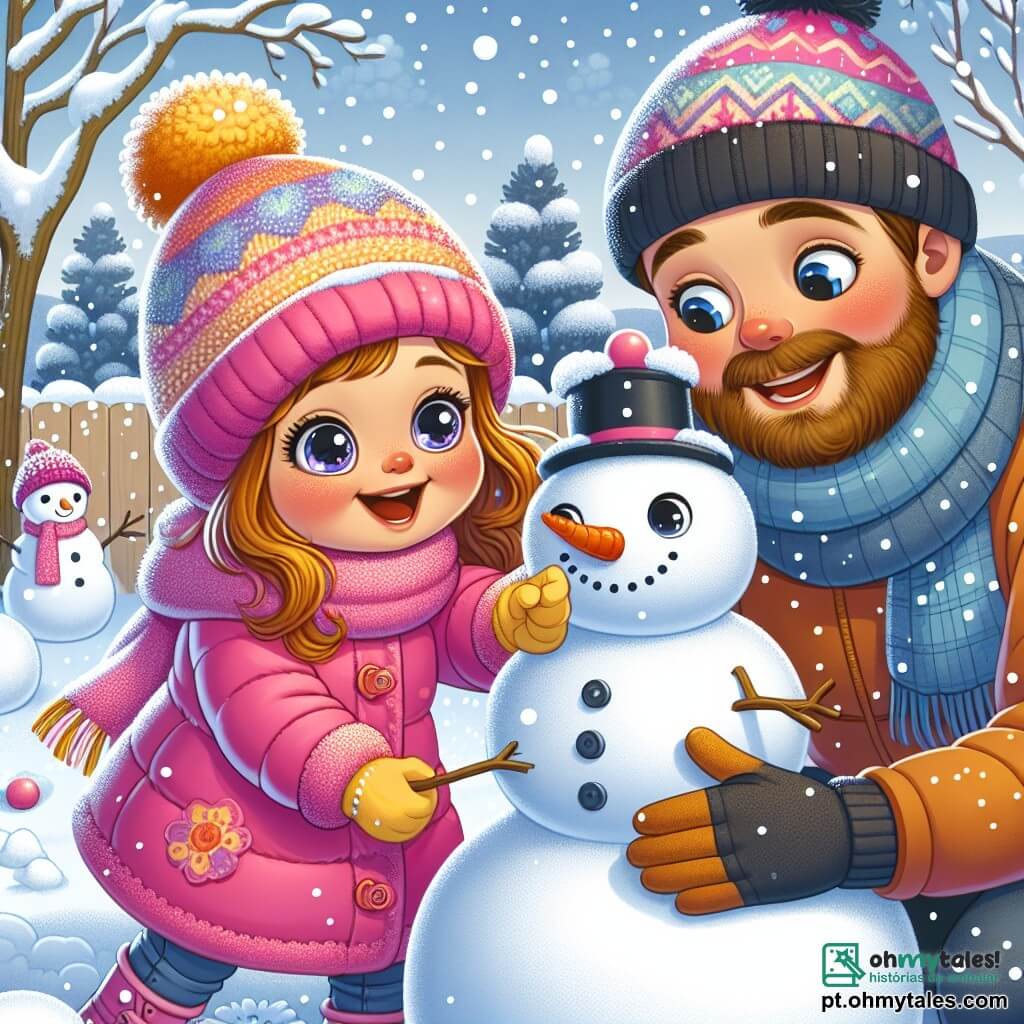 Uma menina de 2 anos, Lila, com grandes olhos brilhantes e bochechas rosadas, está construindo um boneco de neve no seu jardim. Ela usa um casaco rosa vivo, um gorro de lã multicolorido e luvas amarelas, sorrindo com admiração, os braços levantados em sinal de alegria. Ao lado dela, seu pai, um homem de cerca de 30 anos, com barba castanha e um sorriso caloroso, a ajuda a moldar o boneco de neve. Ele está vestido com uma jaqueta azul e um gorro preto, segurando uma cenoura para o nariz do boneco. O jardim está coberto de uma espessa camada de neve cintilante, com árvores cujos galhos estão carregados de flocos brancos. O céu é azul claro, pontilhado de algumas nuvens fofas, e flocos de neve caem suavemente ao redor deles. A cena principal mostra Lila e seu pai rindo e se divertindo, criando juntos um boneco de neve, simbolizando a alegria e a magia do inverno.