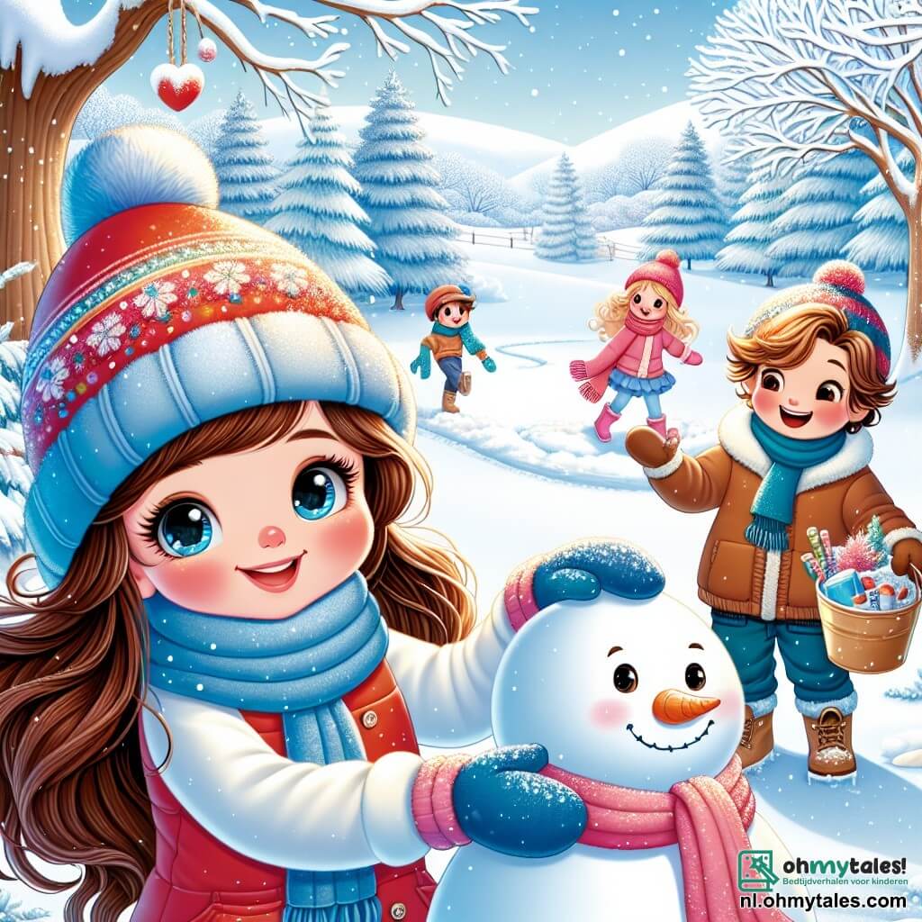 Een 11-jarig meisje, Lotte, met lang bruin haar en door de kou roze wangen, glimlacht vrolijk terwijl ze een sneeuwman bouwt. Ze draagt een felrode jas, een blauwe wollen muts en kleurrijke handschoenen, haar ogen sprankelend van blijdschap. Naast haar staat Sam, een 12-jarig jongen met tousled blond haar en een ondeugende glimlach, die sneeuw verzamelt om een sneeuwbal te maken, klaar voor een vriendschappelijke uitdaging. Julia, een 11-jarig meisje met krullend haar en een roze jas, lacht terwijl ze een emmer vol versieringen voor de sneeuwman vasthoudt, iets op de achtergrond. De scène speelt zich af in een betoverend winterpark, waar majestueuze bomen bedekt zijn met sprankelende sneeuw en de grond bedekt is met een dikke laag ongerepte sneeuw. Op de achtergrond nodigt een zachte heuvel uit om van te glijden, terwijl de lucht helderblauw is, bezaaid met donzige witte wolken. Lotte en haar vrienden hebben plezier met het maken van een sneeuwman, lachend en spelend in de sneeuw, en vangen de magie van de winter en de vreugde van vriendschap.