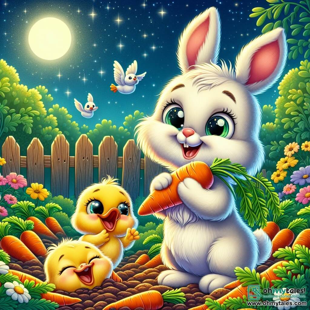 A small rabbit named Benny, with fluffy white fur, large floppy ears, and sparkling eyes full of excitement, stands at the center of the image, holding a carrot in his front paws and displaying a big joyful smile. Next to him, Daisy, a small bright yellow duck with shiny feathers, gazes in wonder at the scene, her wings slightly spread, ready to take flight. A little further away, Charlie, a small pink pig with a mischievous face, rolls in the dirt, laughing while holding a carrot in his mouth. The setting is a lush garden filled with rows of bright orange carrots under a starry sky, with colorful flowers and green leaves gently swaying in the wind. In the background, an old wooden fence and a shining moon add a magical touch to the scene. The main situation shows Benny and his friends enjoying their carrot harvest, laughing and sharing stories, while a nearby guardian goose watches them with a puzzled expression, creating an atmosphere of adventure and camaraderie.