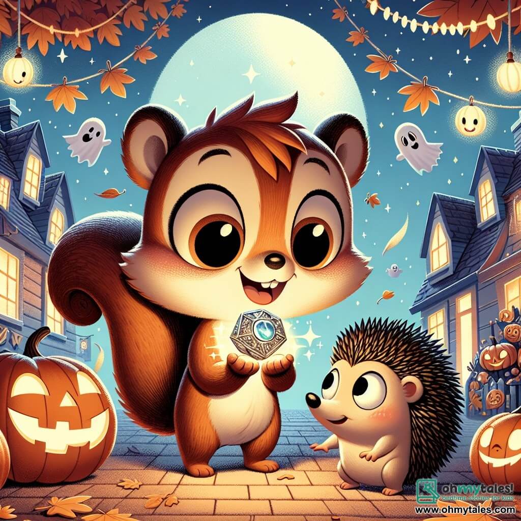 Nutty, a small squirrel with fluffy brown fur, big sparkling eyes full of curiosity, and a delighted smile, holds a shimmering amulet in his tiny paws. Next to him, Whiskers, a hedgehog with soft spines and round glasses, shows a look of surprise and excitement as he gazes at the mysterious object. The scene takes place on a lively street in Maple Alley, decorated with smiling pumpkins, floating ghosts, and garlands of golden leaves, under a starry sky illuminated by a bright full moon. Nutty and Whiskers stand in front of a haunted house, its walls adorned with spider webs and flickering lanterns, ready to enter a magical world filled with laughter and adventures.