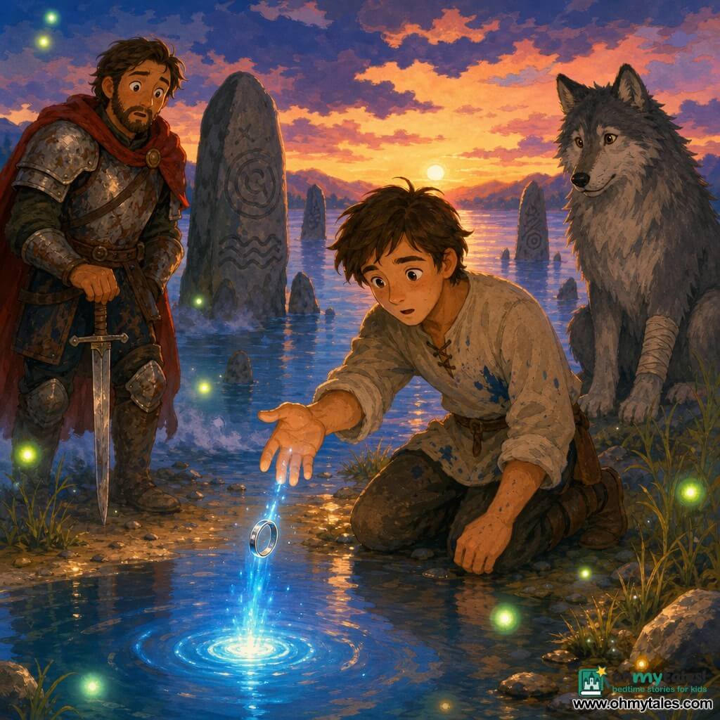 Soren, gentle and focused with bright brown eyes and messy brown hair, in ink-stained clothes holds a silver ring with a thin blue line above the water, mouth slightly open as if whispering and hand outstretched toward Lake Lumen; Sir Brannick, ~35, in dented armor and a faded red cloak stands slightly behind left, surprised, holding a short sword planted in the sand and watching the ring; a large gray wolf with a bandaged paw sits calmly to the right. At dusk on the shore the pale blue lake is smooth and misty, standing stones engraved with waves and circles and glistening wet grasses surround them as the ring falls, leaving a blue trail before vanishing into a bright circle on the water, light reflecting on their faces and pale green and gold will-o’-the-wisps floating like lanterns.