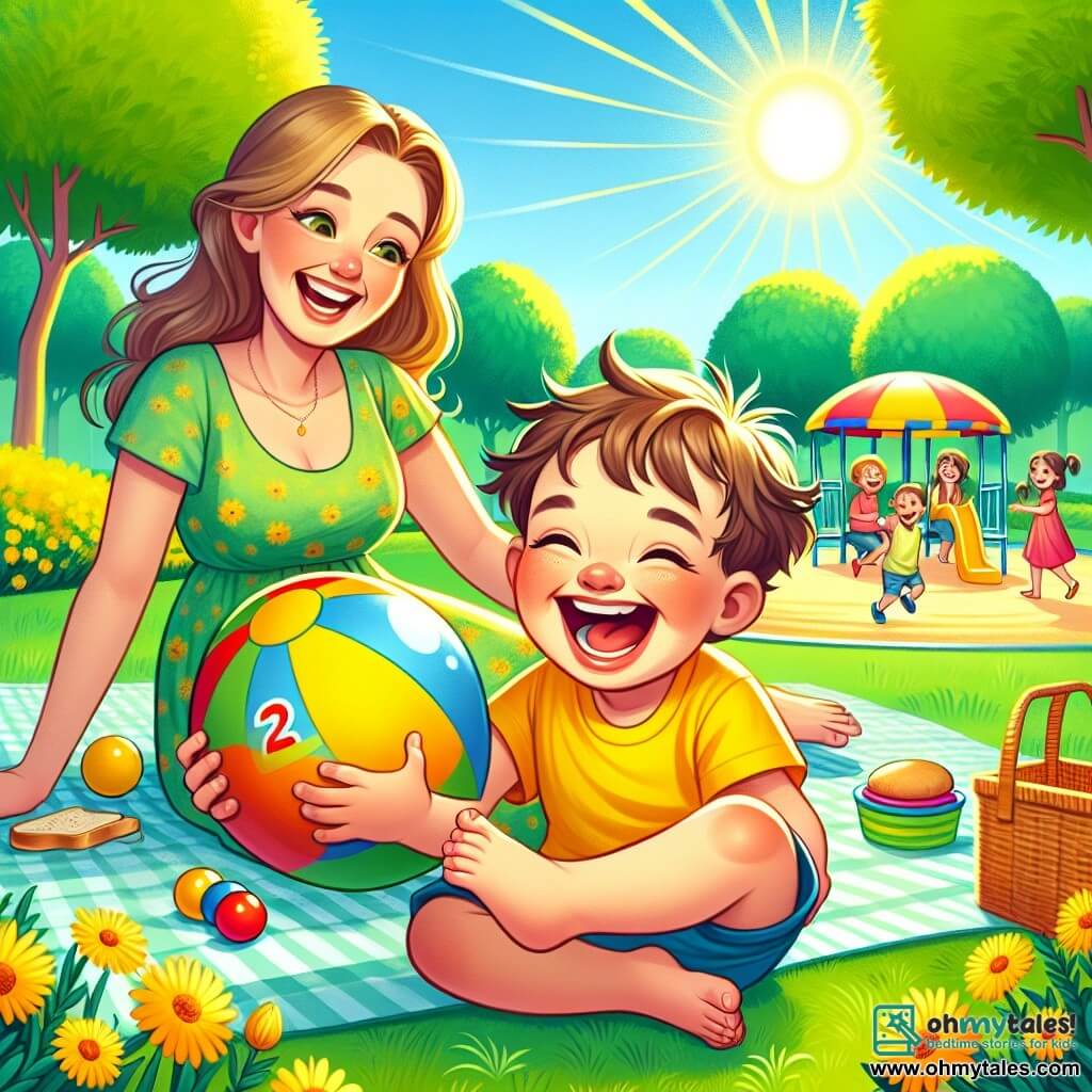 A 2-year-old boy named Tommy, with messy brown hair and sparkling eyes, is sitting on the green grass of the park, laughing out loud. He is wearing a bright yellow t-shirt and blue shorts, holding a colorful ball in his small hands. Next to him, his mom, a woman in her thirties with long blonde hair, smiles at him while sitting on a picnic blanket. She is wearing a light floral dress and holding a sandwich. The park is filled with tall trees with lush green leaves, and bright yellow flowers grow all around them. In the distance, children are playing on a colorful playground with a big slide and swings. The main scene shows Tommy laughing and getting ready to throw the ball to his new friends who are encouraging him to play, filling the air with joy and friendship.