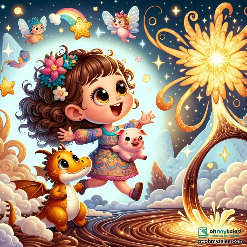 Uma menina de 4 anos, chamada Lila, com grandes olhos brilhantes e cabelos cacheados, usa um vestido colorido decorado com flores. Ela expressa uma imensa alegria, pulando com um sorriso travesso, segurando um porquinho de pelúcia chamado Pipo debaixo do braço. Ao seu lado, um dragão amigável chamado Dourado, com escamas douradas cintilantes e grandes asas abertas, se mantém majestoso, olhando para Lila com ternura. O cenário é uma ilha flutuante mágica, cercada por nuvens fofas e rios de chocolate, com uma fonte luminosa no centro, de onde emana uma estrela dourada dançante. Lila e Dourado se aproximam da fonte, deslumbrados com a beleza da luz ao seu redor. A cena principal mostra Lila tocando a água da fonte, enquanto a luz da estrela ilumina seus rostos, simbolizando a magia da amizade e da aventura.