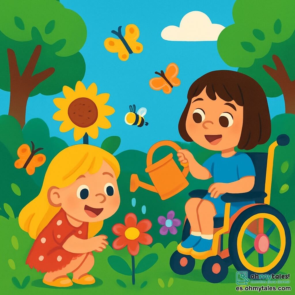 Hay 2 personajes principales: - Clara: una niña de 3 años, con cabello largo y rubio y ojos brillantes. Lleva un vestido rojo con lunares blancos y sandalias amarillas. Está agachada cerca de una flor, sonriendo con asombro. - Sofía: una niña de 3 años, con cabello castaño cortado a la altura de la mandíbula y ojos marrones. Está en una bonita silla de ruedas decorada con pegatinas coloridas. Lleva una camiseta azul y un short de mezclilla. Ella mira a Clara con una gran sonrisa, sosteniendo un regador de plástico. La situación principal tiene lugar en un jardín vibrante y soleado, lleno de flores de colores brillantes: rosas rojas, girasoles amarillos y violetas delicadas. Grandes árboles con hojas verdes y brillantes rodean el jardín, y mariposas coloridas vuelan alrededor de las flores. El cielo es de un azul profundo, salpicado de algunas nubes blancas y esponjosas. La historia muestra a Clara y Sofía cuidando su jardín. Clara riega las flores con entusiasmo, mientras Sofía admira los insectos que zumban a su alrededor. Las dos amigas están felices y comprometidas con su misión de proteger la naturaleza, creando una atmósfera alegre y mágica.