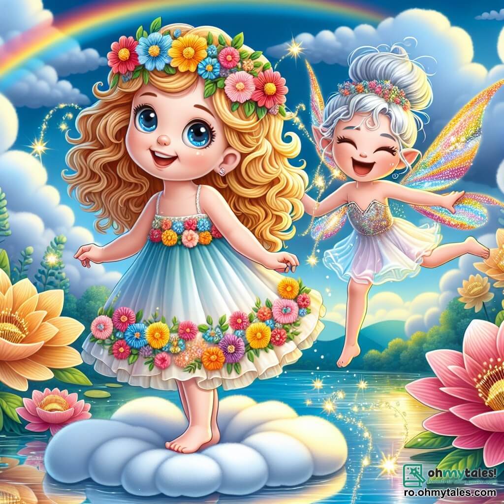 O fetiță de 4 ani, Ana, cu părul buclat și auriu, poartă o rochie colorată împodobită cu flori. Are un zâmbet mare de uimire pe față, iar ochii îi strălucesc de curiozitate, în timp ce dansează încet pe un nor pufos, înconjurată de o lumină aurie. Lângă ea, o zână strălucitoare cu aripi sclipitoare și părul argintiu râde cu bucurie, ținând o baghetă magică care emite scântei colorate. Fundalul este un cer albastru strălucitor, presărat cu nori pufoși, având un curcubeu vibrant în spate. Sub nor, un lac sclipitor reflectă culorile cerului, iar flori uriașe cu petale multicolore marginesc malurile. Situația principală o arată pe Ana și zâna căutând un flaut magic pierdut, dansând încet pe nor, creând o atmosferă veselă și jucăușă.