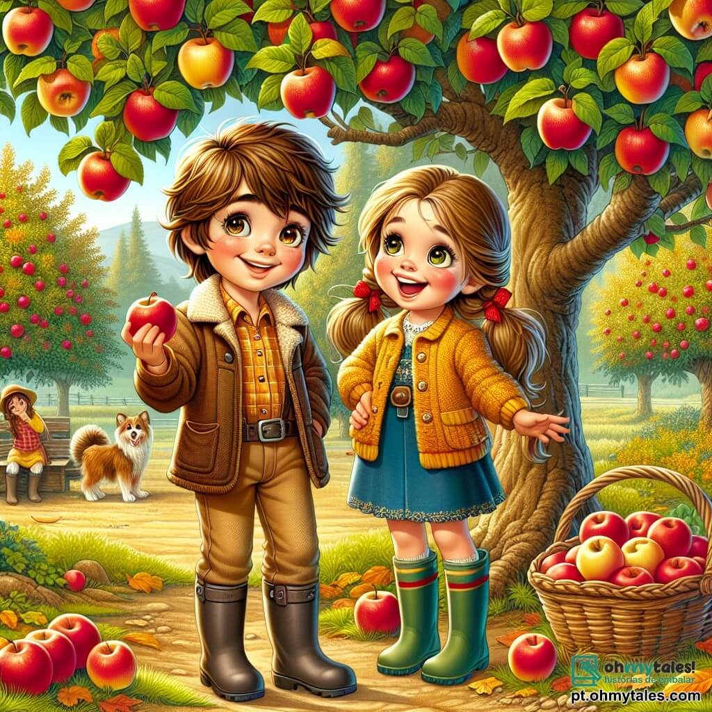 Um garoto de 12 anos, Miguel, com cabelos castanhos bagunçados e olhos brilhantes de curiosidade, está no meio de uma macieira carregada de maçãs vermelhas brilhantes. Ele sorri, com as bochechas rosadas de empolgação, segurando uma maçã grande na mão, pronto para mordê-la. Ao lado dele, sua prima Sofia, uma menina de 10 anos com cabelos longos e loiros trançados, ri alegremente segurando uma pequena cesta cheia de maçãs. Ela usa um casaco de lã amarelo e botas de borracha, e está um pouco afastada, observando Miguel com um sorriso cúmplice. A macieira está em um pomar de cores de outono, onde as folhas das árvores ficam vermelhas, laranjas e douradas, e o chão é coberto por um tapete de folhas crocantes. Ao fundo, vêem-se colinas suaves sob um céu azul claro com nuvens brancas. A cena retrata Miguel e Sofia colhendo maçãs, cercados pela beleza vibrante do outono, ilustrando a alegria e a empolgação da colheita em um ambiente rural acolhedor.