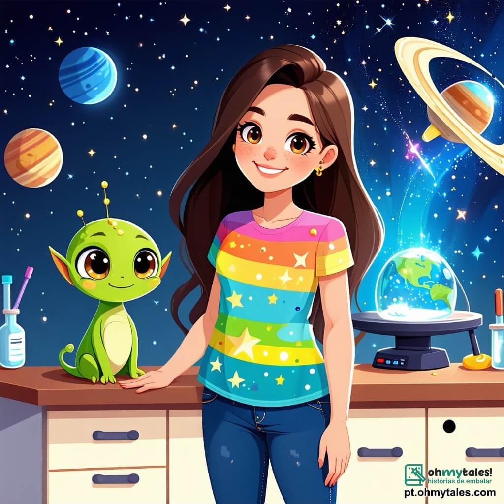 Uma menina de 8 anos, Clara, com longos cabelos castanhos e olhos cheios de curiosidade, está em pé no meio de um laboratório de astronomia. Ela usa uma camiseta colorida com estrelas e um jeans, e seu rosto expressa grande alegria e deslumbramento enquanto observa um pequeno extraterrestre verde chamado Zog, que tem grandes olhos redondos e um sorriso radiante. Zog, que mede cerca de um metro, está pulando de alegria ao seu lado, com os braços levantados para o céu. O laboratório está cheio de grandes telescópios, máquinas brilhantes e modelos de planetas suspensos no teto, criando uma atmosfera mágica e científica. Luzes coloridas piscam ao redor deles, e pôsteres de galáxias adornam as paredes. A cena principal mostra Clara e Zog, de mãos dadas, prontos para ativar uma máquina que capta a energia das estrelas, cercados por criaturas de Glimmer que dançam e cantam em celebração.
