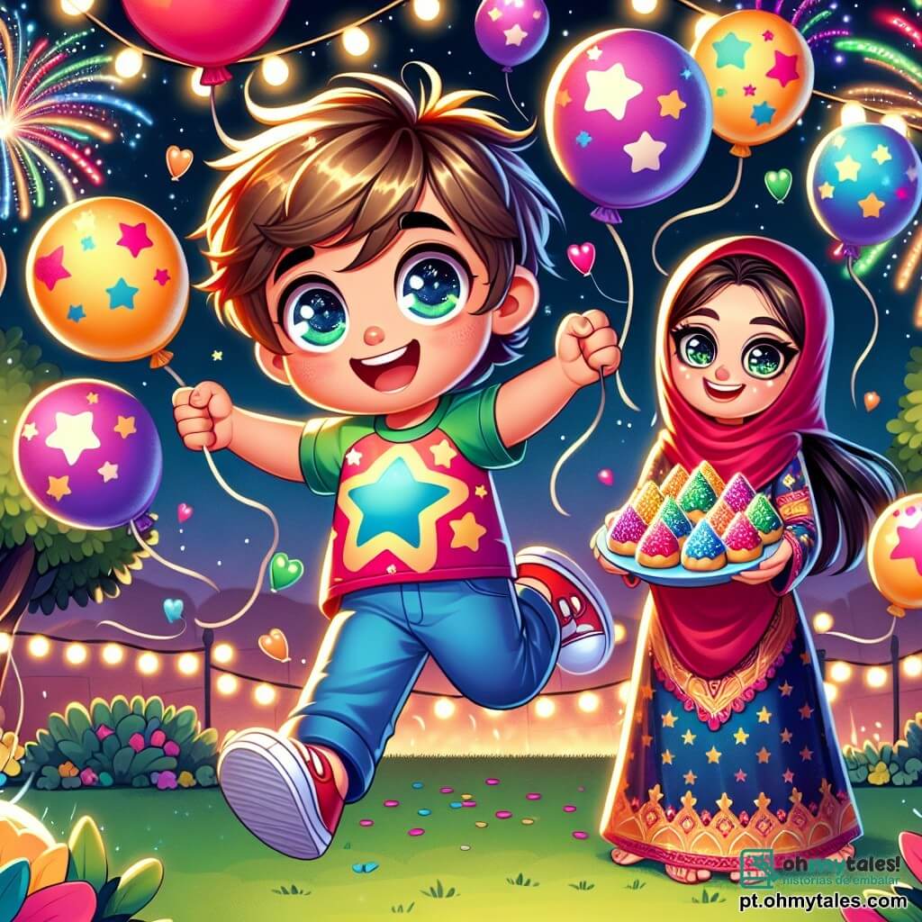 Um menino de 6 anos, Miguel, com cabelos castanhos bagunçados e olhos brilhantes de alegria, está no centro da imagem. Ele usa uma camiseta colorida com estampas de estrelas e uma calça azul, pulando de felicidade com um grande sorriso, cercado por balões coloridos que flutuam ao seu redor. Ao lado dele, sua mãe, uma mulher de cerca de trinta anos com cabelos longos e castanhos, sorri segurando um prato de biscoitos em forma de estrelas. Ela está vestida com um vestido festivo vermelho e observa seu filho com ternura. O cenário se passa em um jardim iluminado por luzes cintilantes, com árvores ao fundo e um céu noturno cheio de estrelas brilhantes. Fogos de artifício coloridos explodem no céu, adicionando um toque mágico à cena. A situação principal mostra Miguel e sua mãe celebrando o Ano Novo, com Miguel dançando alegremente enquanto segura um balão, enquanto os fogos de artifício iluminam o céu, criando uma atmosfera festiva e cheia de felicidade.