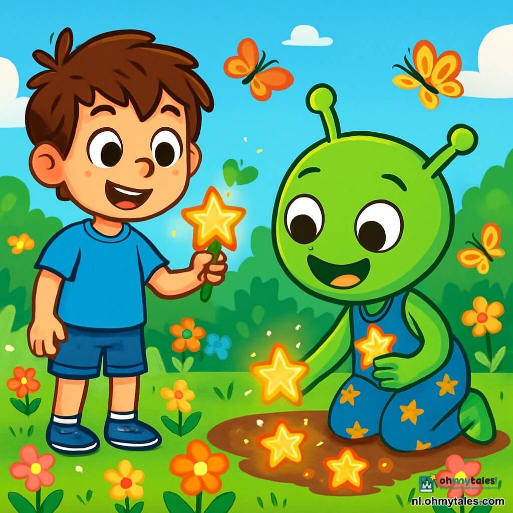 Een 8-jarig jongetje, Lucas, met rommelig bruin haar en nieuwsgierige sprankelende ogen, staat in het midden van zijn groene tuin met een verwonderde glimlach op zijn gezicht. Hij draagt een blauwe t-shirt en een spijkerbroek, terwijl hij een kleine peul met schitterende bloemen in zijn hand houdt. Naast hem knielt een blije alien genaamd Zorbi, met glanzende groene huid, grote ronde ogen en een brede glimlach, om sterren in de grond te planten. Zorbi draagt een sterren-schort en houdt ook een peul met bloemen vast. De tuin is gevuld met kleurrijke bloemen, fladderende vlinders en een stralende blauwe lucht, met een glanzend zilveren ruimteschip op de achtergrond dat zachtjes op het gras ligt. De belangrijkste situatie toont Lucas en Zorbi die schitterende sterren in de tuin planten, wat een magische en vrolijke sfeer creëert, vol licht en felle kleuren.