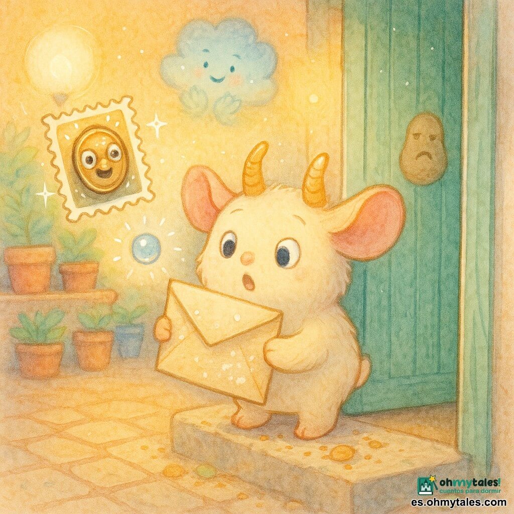 Brum es una pequeña criatura doméstica de peluche crema con dos cuernos miel flexibles, grandes orejas rosadas y expresión asombrada; sostiene un sobre beige manchado de harina del que sale una pequeña canica brillante. El timbre es un objeto vivo: un pequeño disco de bronce con grandes ojos y sonrisa que canta y flota junto al marco. Una nube diminuta y sonriente, de forma esponjosa azul pálido, aplaude sobre una jardinera con macetas. La puerta es de madera pintada verde menta con una pegatina en forma de patata seria en el marco; el peldaño está cubierto de migas y hojas. La calle es una estrecha galería adoquinada con macetas coloridas y farolas que emiten halos cálidos en una luz dorada matinal. Escena principal: Brum abre la puerta sorprendido, el sobre se agita y la canica chispea en el aire mientras el timbre canta y la nube aplaude, escena animada y caprichosa.