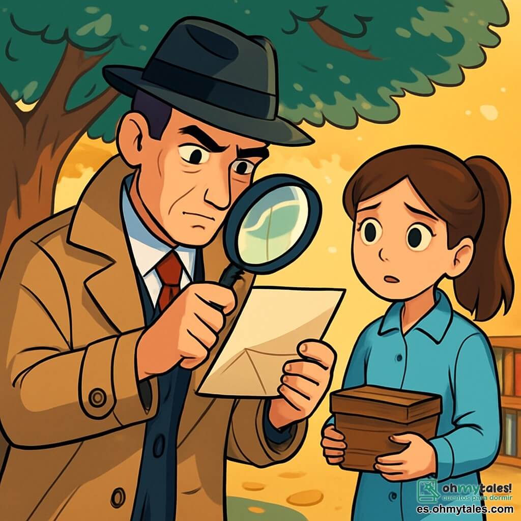 Un hombre detective, Tomás Salvatierra, se encuentra en el centro de la escena, con una mirada decidida y curiosa. Lleva un trench beige, un sombrero negro y sostiene una lupa en su mano derecha, examinando atentamente una carta misteriosa. Su rostro muestra una ligera arruga de concentración y sus ojos brillan de inteligencia. A su izquierda, una joven, Sofía, de unos 12 años, con cabello castaño en una coleta, mira con ojos llenos de preocupación. Lleva una bata de trabajo y sostiene una caja de madera, visiblemente nerviosa pero deseosa de compartir su secreto. Al fondo, un gran árbol, el cedro azul, se eleva majestuosamente, con sus ramas extendidas ofreciendo una suave sombra. El suelo está cubierto de hojas amarillas y doradas, mientras una luz dorada del sol atraviesa las hojas, creando una atmósfera cálida e intrigante. La situación principal muestra a Tomás descubriendo la carta oculta detrás de un libro en la biblioteca, mientras Sofía, visiblemente ansiosa, está a su lado, lista para revelar la verdad sobre los objetos desaparecidos. La atmósfera es misteriosa y cautivadora, invitando al descubrimiento.