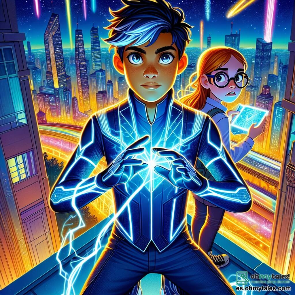 Tadeo, un joven de 16 años, está en la cima de un edificio moderno, con una expresión decidida y concentrada. Tiene piel caramelo, ojos grises brillantes y cabello azul profundo que brilla bajo las luces de la ciudad. Su traje azul oscuro, adornado con líneas plateadas, brilla mientras canaliza energía eléctrica, con relámpagos azules saliendo de sus manos. A su lado, Lucía, una chica de 15 años con cabello naranja brillante y grandes gafas, observa con preocupación. Sostiene un pequeño dispositivo electrónico, lista para ayudar a su amigo. El escenario es una ciudad futurista, Luminaria, con rascacielos de vidrio bajo un cielo nocturno estrellado. La situación principal muestra a Tadeo preparándose para enfrentar a un enemigo invisible, una inteligencia artificial malvada, mientras se concentra para liberar su poder y defender su amada ciudad.