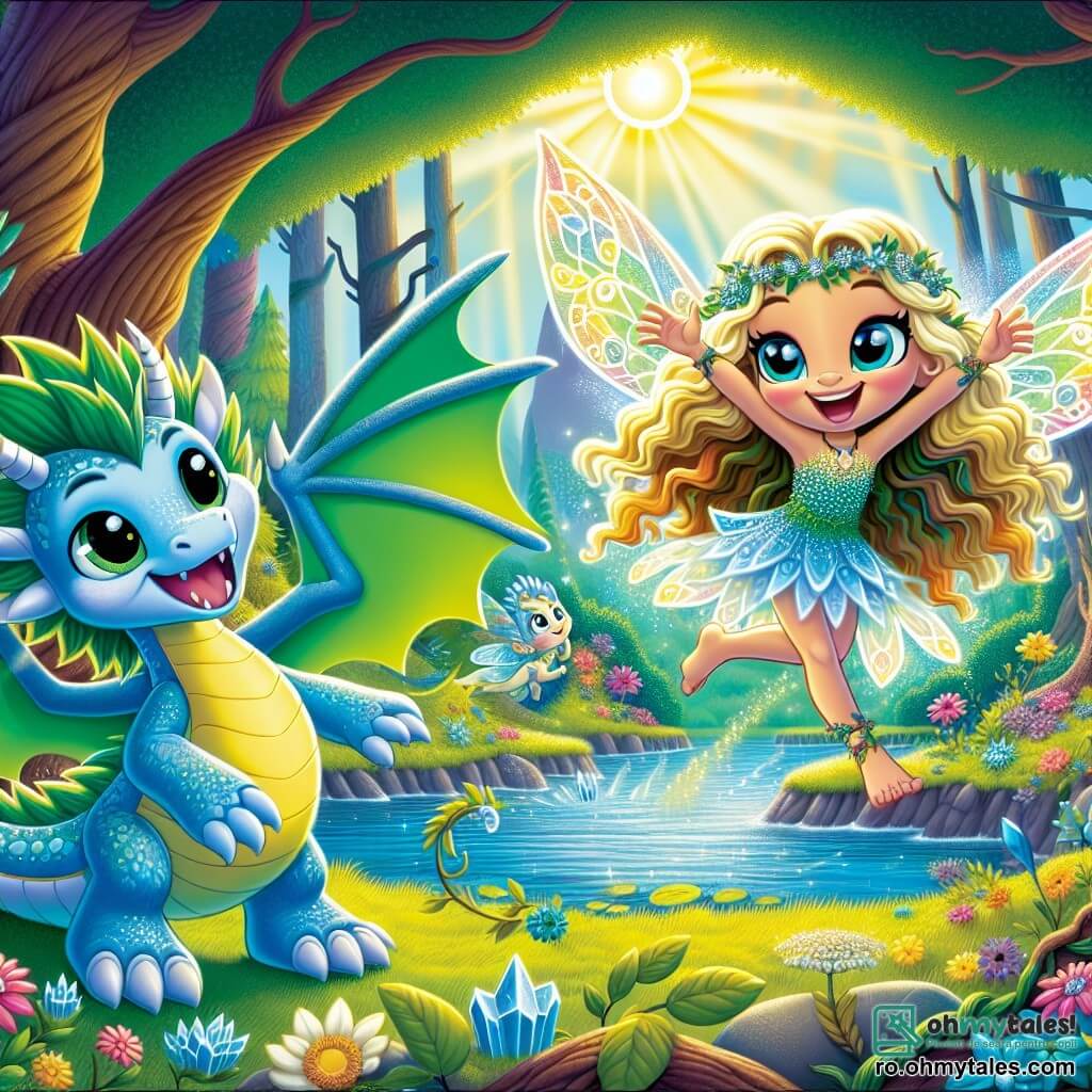 Un dragon drăguț și jucăuș numit Fulg, cu blană strălucitoare albastră și verde, cu aripi împodobite cu cristale sclipitoare, stă pe marginea unui lac magic, cu ochii strălucind de entuziasm și un zâmbet larg pe față. Lângă el, o zână a vântului numită Aurelia, cu părul lung ondulat de aur și o rochie făcută din raze de soare, zboară veselă, cu brațele deschise, împărtășind bucuria aventurii. Decorul este o pădure fermecată, plină de copaci cu trunchiuri răsucite și flori colorate care par să danseze în ritmul vântului, în timp ce razele de soare străbat frunzișul, creând o atmosferă feerică. Situația principală îi arată pe Fulg și Aurelia, pregătiți să exploreze lacul visurilor, unde cristale magice strălucesc la suprafața apei, simbolizând aventura și prietenia care îi așteaptă.