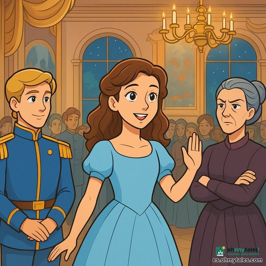 Cenicienta, una joven de unos 16 años, con cabello castaño ondulado, lleva un vestido sencillo pero elegante de color azul celeste que flota suavemente a su alrededor. Su rostro expresa una determinación suave, con ojos brillantes y llenos de esperanza. Se encuentra en el centro de la escena, levantando una mano para dirigirse a la multitud con una sonrisa alentadora. A su derecha, el príncipe, un joven de unos 18 años con cabello rubio dorado, viste un uniforme real azul y oro. La mira con admiración, sonriendo levemente, listo para escucharla. A su izquierda, una anciana, la madrastra de Cenicienta, con cabello gris recogido y un rostro severo, cruza los brazos, mostrando una expresión de descontento. La escena tiene lugar en un gran salón de baile adornado con candelabros brillantes y cortinas doradas. Las paredes están decoradas con frescos de escenas naturales y grandes ventanas dejan entrar la luz de la luna, creando una atmósfera mágica. Cenicienta se dirige a la corte, proponiendo una nueva idea de paz e inclusión, mientras los nobles y ciudadanos se reúnen a su alrededor, cautivados por sus palabras. La atmósfera está cargada de esperanza y tensión, mientras todos esperan ver si esta propuesta cambiará su reino.