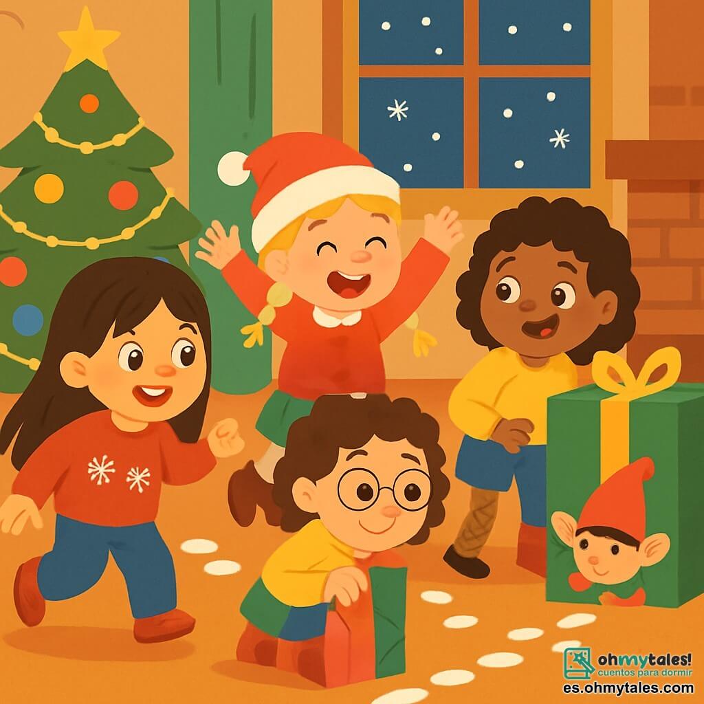 Hay 4 niños: - Marina: una niña de 7 años, con cabello largo castaño y ojos brillantes. Lleva un suéter rojo con copos de nieve y sonríe alegremente. - Lucía: una niña de 6 años, con trenzas rubias y un gorro de Navidad. Está riendo, con los brazos en alto, llena de energía. - Sofía: una niña de 8 años, con cabello rizado y una sonrisa traviesa. Tiene una pierna de madera decorada con purpurina y mira a su alrededor con curiosidad. - Alba: una niña de 7 años, con cabello castaño y gafas redondas. Se esconde detrás de un gran regalo, pero sus ojos brillan de emoción. El lugar es una acogedora sala de estar decorada para Navidad, con un gran árbol iluminado con guirnaldas brillantes y bolas de colores. Hay regalos esparcidos alrededor del árbol, y copos de nieve caen suavemente afuera a través de la ventana. La situación principal muestra a los niños riendo y corriendo tras un duende travieso que ha dejado huellas de azúcar en el suelo. Están siguiendo las huellas, maravillados y divertidos, mientras el duende, con su pequeño sombrero rojo, se esconde detrás de un regalo, listo para hacer una nueva broma.