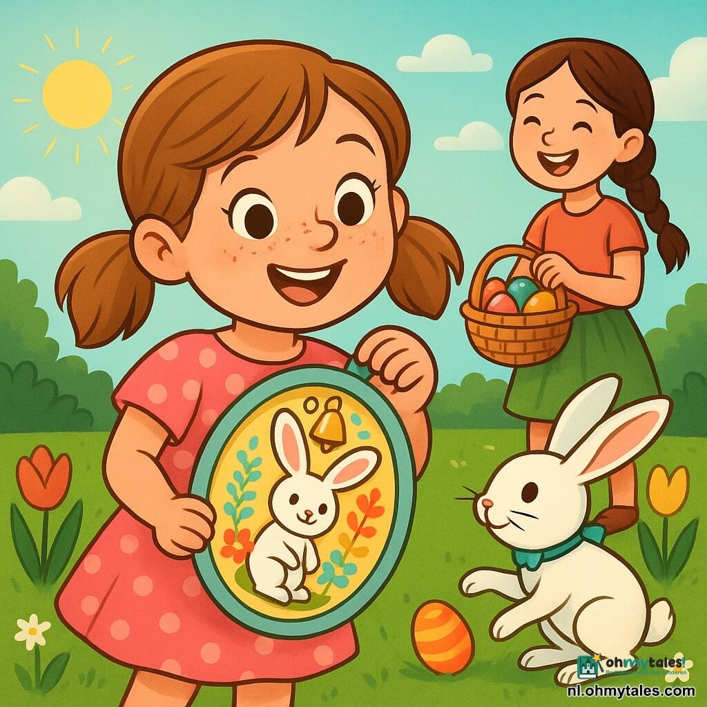 Portret van een blij en verwonderd 6-jarig meisje met lichtbruin haar in twee staartjes en sproeten, in een roze gestippelde jurk, dat een papieren paasklok met konijntje en bel vasthoudt en glimlacht met grote glanzende ogen; een ongeveer 5-jarige jongen met kort blond haar en blauw hemdje hurkt naast een struik en raapt een oranje-gele gestreept paasei; achteraan staat een ongeveer 7-jarig meisje met bruine gevlochten haar en een groene rok die lacht en een mand vol gekleurde eieren toont; een wit konijn met een blauwe strik springt bij een bloemperk en raakt het belletje van de klok aan; lentetuin in ochtendzon met groen gras, tulpen en madeliefjes, paarse struiken en dauwdruppels, levendige contrasterende kleuren, zachte kindvriendelijke stijl met duidelijke lijnen en eenvoudige vormen.