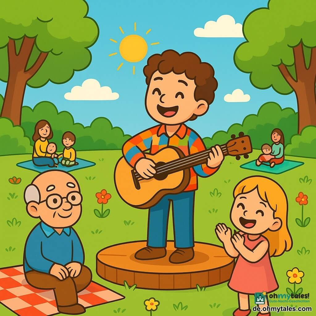 Ein lächelnder Mann, Luka, steht auf einer kleinen Holzbühne in einem sonnigen Park. Er hat lockige braune Haare und trägt ein buntes kariertes Hemd. Seine Augen strahlen vor Freude, während er Gitarre spielt. Neben ihm applaudiert ein etwa 6-jähriges Mädchen mit blonden Haaren und einem rosa Kleid begeistert. Ein älterer Mann sitzt auf einer Decke in der Nähe, hört aufmerksam zu und hat ein zufriedenes Gesicht. Der Park ist grün mit majestätischen Bäumen, bunten Blumen und Familien auf Decken. Der Himmel ist blau mit einigen flauschigen weißen Wolken. Luka singt fröhlich und lädt die Kinder ein, im Takt zu applaudieren, was eine festliche und warme Atmosphäre schafft. Die Sonnenstrahlen erhellen die Bühne und verleihen diesem musikalischen Moment einen magischen Touch.