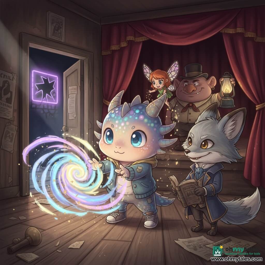 Milo, a small dragon‑like being with a round face, bright blue eyes and iridescent rainbow scales, determined but gentle, wearing a small jacket, reaches toward a glowing pastel vortex at the center; a red‑haired fairy with stained‑glass wings perches on his shoulder sprinkling golden glitter, Reynard, a silver fox in an elegant coat, stands to the right holding a rolled old newspaper and smiling proudly, and a warm, round troll in a bowler hat stands behind with an oil lamp ready to help; setting: an abandoned old theatre with a torn red velvet curtain, creaking wooden floor, faded posters and a flickering marquee seen through a slightly open door, moonbeams piercing the dust; scene: Milo closing a swirling pastel (blue, purple, pink) magical rift with sparks and filaments of light, safe and wondrous mood, strong contrasts between red velvet, dark wood and the vortex’s soft glow; visual style: chibi kawaii, rounded features, saturated textured colors, soft lighting, warm, fairy‑tale atmosphere, composition centered on Milo and the vortex.