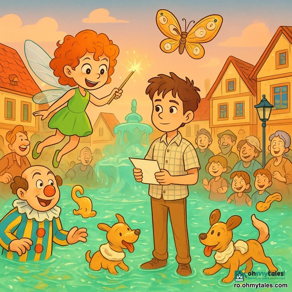 O mică zână pe nume Miri, veselă și nazdravană, cu păr roșcat creț, pete de vinete și aripi translucide, poartă o rochiță verde și agită o baghetă care lasă să cadă o cascadă de jeleu luminiscen; Matei, băiat de ~12 ani cu față concentrată, păr brun dezordonat, cămașă în carouri pal, ține un hârtie/contract și o lingură mare de lemn, stând mândru în centru; un clovn adult cu nas roșu și costum albastru-galben scăpând un agrafă comică lângă Matei; săteni de toate vârstele zâmbind în slow-motion, copii alunecând pe jeleu; animale fantastice — un câine cu eșarfă de bezea, un covrig zburător moale și un fluture cu motive de ceas — planând printre personaje; piața pavată înconjurată de case colorate cu acoperișuri roșii, felinare din fier forjat și o fântână centrală acoperită de un voal de jeleu translucid; cer pastelat la apus; scena e transformată într-un ocean de jeleu strălucitor, mișcare foarte încetinită, texturi lipicioase și lucioase, culori saturate, contururi clare, atmosferă veselă și ușor suprarealistă.