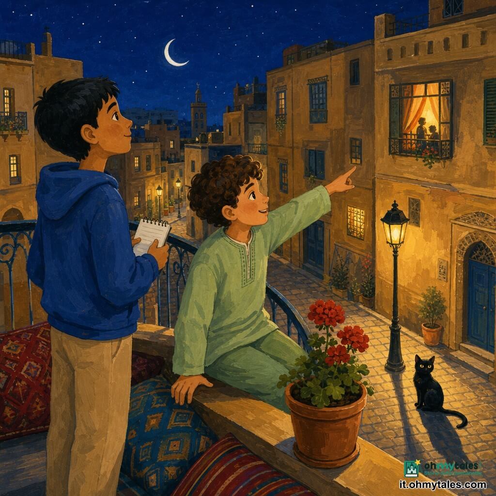 Ci sono tre soggetti: Samir, 12 anni, pelle olivastra, capelli corti neri, felpa blu e pantaloni beige, in piedi sul balcone a sinistra con un piccolo taccuino bianco a guardare la luna; Adam, 12 anni, carnagione chiara, capelli castani ricci, abbigliamento verde chiaro, seduto sul bordo del balcone a destra che sorride e indica una finestra illuminata; un gatto nero dal pelo lucido e occhi gialli seduto sotto un lampione nella strada sottostante con l'ombra che si allunga sul marciapiede. Luogo: balcone di un palazzo in città di notte con ringhiera metallica verniciata, cuscini colorati e un vaso di geranio rosso; sullo sfondo una strada lastricata, lampioni gialli, finestre calde con tende, facciate ocra e un cielo blu scuro con una sottile luna argentata. Situazione: i due ragazzi tranquilli sul balcone osservano la luna e le luci del quartiere durante il Ramadan, atmosfera dolce e pacifica, contrasto tra la luce calda delle finestre e la luna fredda, tratto pittorico con texture di tessuto e riflessi morbidi sul metallo.