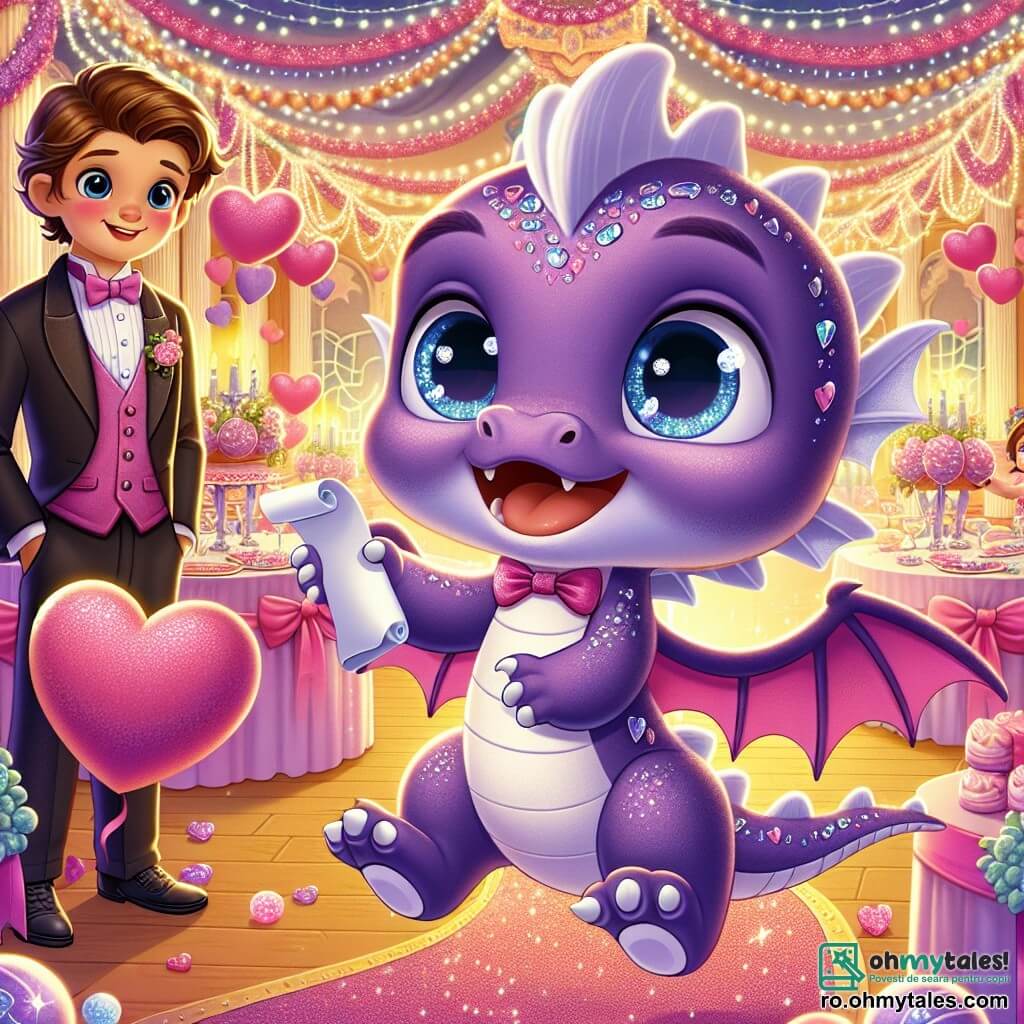 Un mic dragon violet numit Lino, cu ochi mari și strălucitori și solzi sclipitori, zboară peste o sală de bal decorată cu inimi și ghirlande colorate, având o expresie de excitație și curiozitate. Ține în labe o scrisoare înfășurată, pregătit să o înmâneze. Aproape de el, Roy, un tânăr cu părul brunet și ochi strălucitori, poartă un costum elegant și o admiră pe Mia, o fată cu părul lung și ondulat, îmbrăcată într-o rochie roz frumoasă. Roy zâmbește, în timp ce Mia, emoționată, îi întinde mâna, nerăbdătoare să descopere conținutul scrisorii. Scena are loc într-o sală de bal feerică, împodobită cu baloane în formă de inimă, lumini strălucitoare și mese pline de dulciuri, creând o atmosferă caldă și romantică. Lino, dragonul, zboară peste sală, pregătit să joace rolul de mesager, în timp ce Roy și Mia se pregătesc să schimbe vorbe dulci, înconjurați de atmosfera festivă a zilei îndrăgostiților.