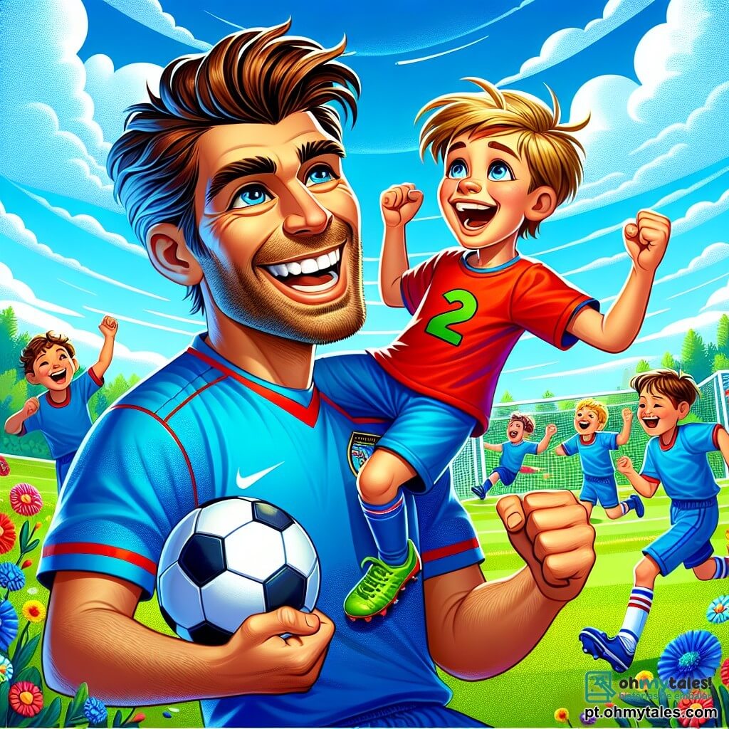 Um homem sorridente, com cabelos castanhos bagunçados e uma camisa de futebol azul vibrante, está celebrando um gol. Ele levanta os braços, com os olhos brilhando de alegria e um grande sorriso no rosto. Ao seu lado, um menino de 8 anos, com cabelos loiros e uma camiseta vermelha, pula de felicidade levantando os punhos. Ele está ao lado do homem, olhando a bola que acabou de cruzar a linha do gol. O cenário se passa em um campo de futebol verde, cercado por flores coloridas e um céu azul radiante, com algumas nuvens brancas fofas. Crianças brincam ao redor, correndo e rindo, adicionando uma atmosfera alegre à cena. A situação principal mostra o homem e o menino celebrando juntos após um lindo gol, cercados de risos e entusiasmo, ilustrando a magia do futebol e a amizade que se forma em campo.
