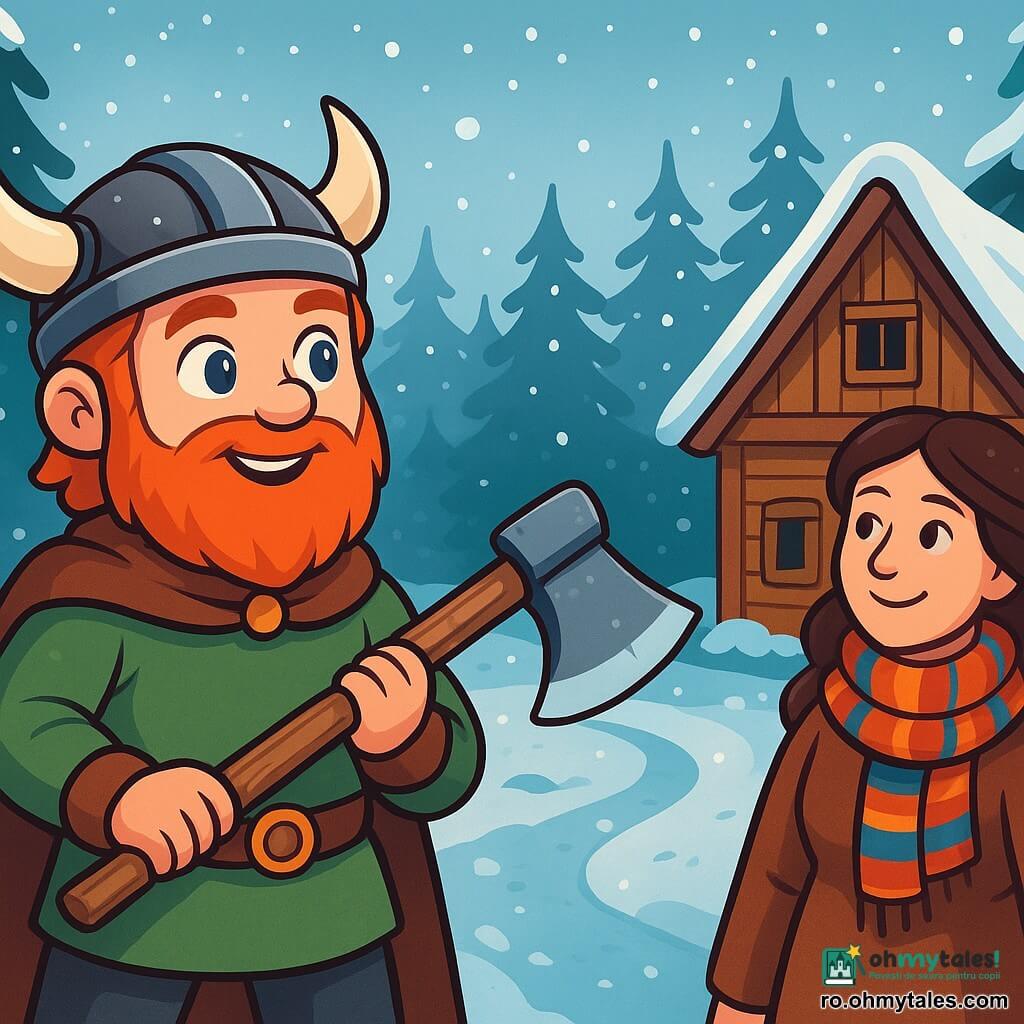 Un bărbat viking numit Sven, cu o barbă roșcată și ochi curioși, stă la marginea unei păduri acoperite de zăpadă, ținând o secure din lemn sculptat. Expresia lui este hotărâtă și veselă, în timp ce privește spre orizont, pregătit pentru aventură. Aproape de el, mama sa, o femeie de vârstă mijlocie cu părul lung și brun, înfășurată într-o eșarfă colorată, îl observă cu mândrie și un zâmbet ușor, stând lângă o casă tradițională din lemn. Locația este o pădure nordică, cu copaci măreți acoperiți de zăpadă strălucitoare, fulgi căzând ușor din cerul gri, și un drum sinuos care dispare în adâncurile pădurii. Scena principală îl arată pe Sven pregătit să se aventureze în această pădure misterioasă, hotărât să găsească legendară Oglinda Iernii, în timp ce lumina dimineții filtrează prin crengi, creând o atmosferă magică.