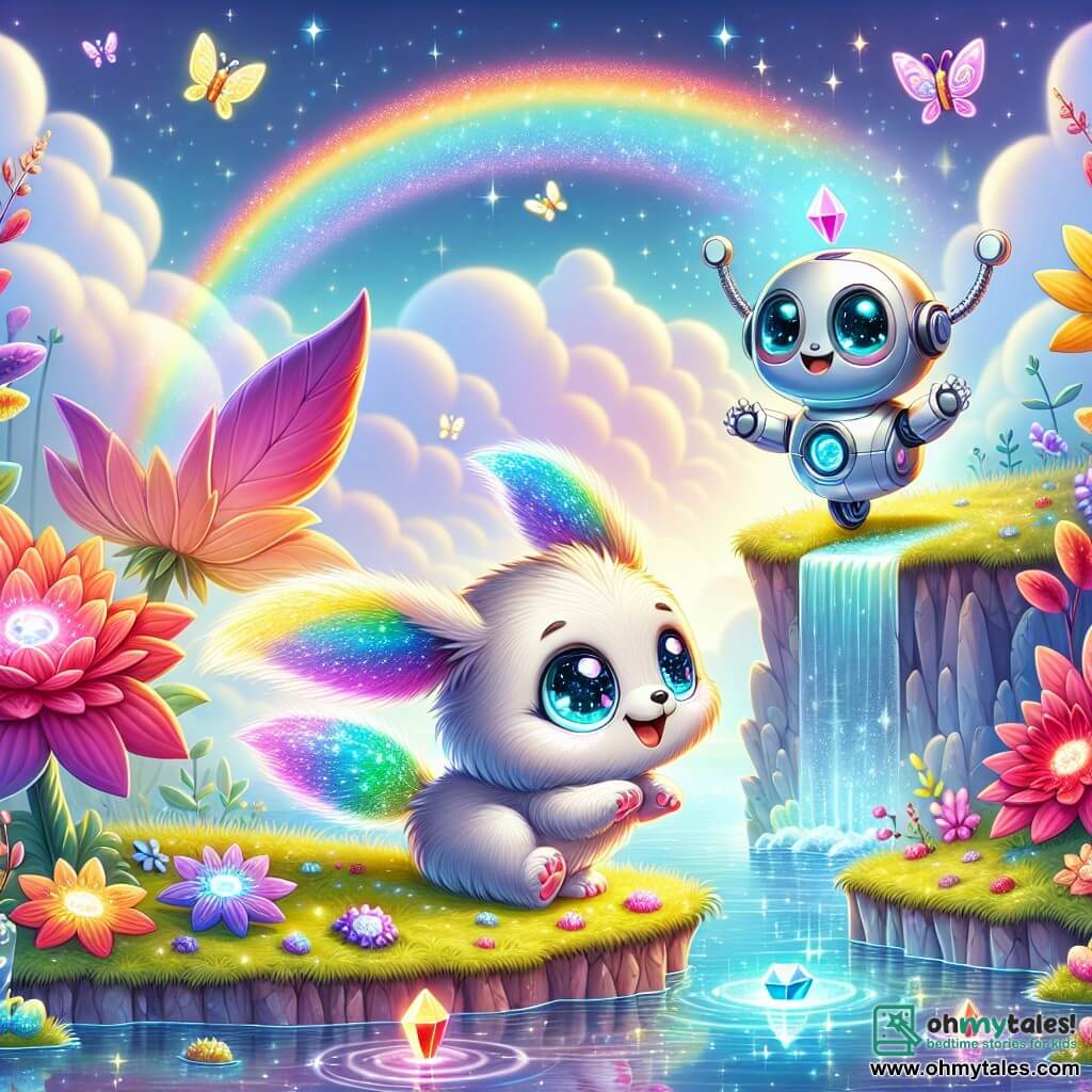 An illustration depicts a small, curious, and joyful being with sparkling large eyes and colorful rainbow fur, bouncing enthusiastically by a sparkling lake. It has long ears fluttering in the wind and a glowing tail lighting its path. Next to it is a friendly little robot with a shiny silver body and bright blue eyes, rolling on its small wheels, displaying an expression of excitement and joy, ready to join in the adventure. The main setting is a floating garden filled with giant brightly colored flowers, shimmering plants, and a crystal-clear waterfall creating rainbows in the air. Soft, fluffy clouds float around, adding a touch of magic to the environment. The main scene shows the two characters discovering a glowing crystal by the lake, surrounded by flowers gently dancing to the wind, as they prepare to solve a puzzle to retrieve it. Other graphical elements include colorful birds flying in the sky, floating light bubbles around them, and sun rays filtering through the leaves of the trees, creating a joyful and enchanted atmosphere.