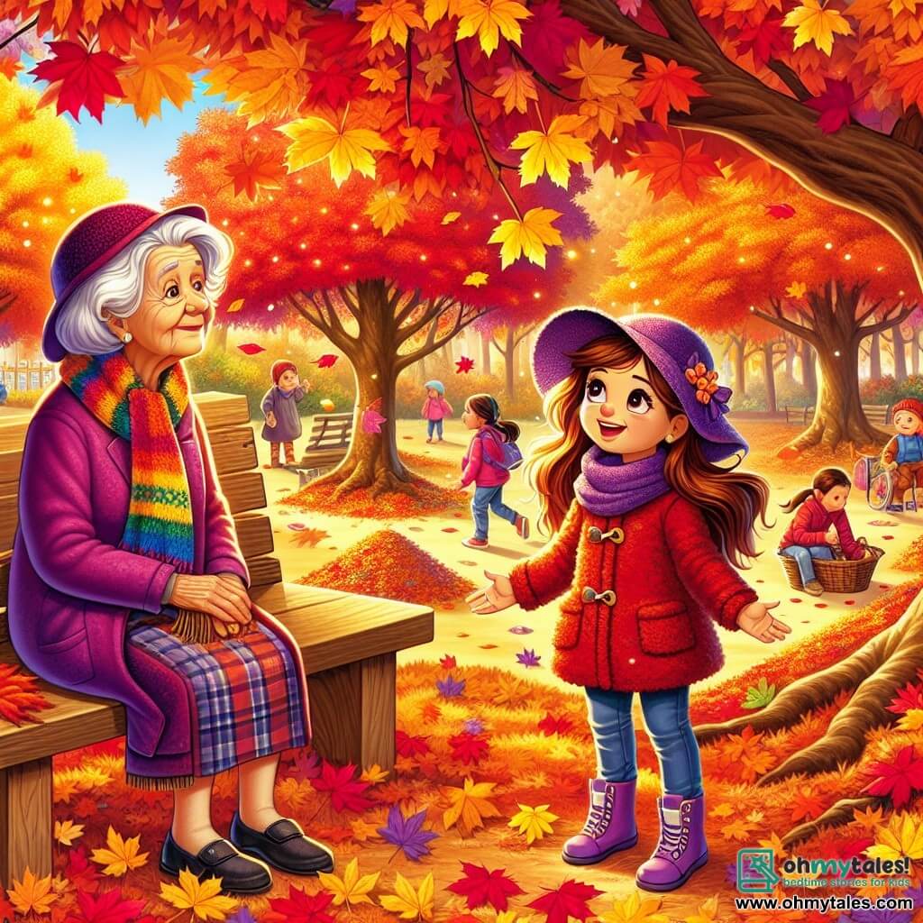 A 10-year-old girl, Sophie, with long brown hair, is wearing a purple hat and a red wool coat. She has a big, amazed smile on her face, her eyes sparkling with joy as she explores an autumn park. Next to her, an elderly woman, Mrs. Maple, with white hair and a long colorful scarf, is sitting on a wooden bench, smiling warmly at Sophie. The park is filled with trees displaying vibrant leaves in shades of red, orange, and yellow covering the ground. Crunchy piles of leaves are scattered around them, and children are playing in the background, building leaf forts. The scene captures Sophie discovering the magic of autumn, enchanted by the bright colors and the stories nature has to offer.