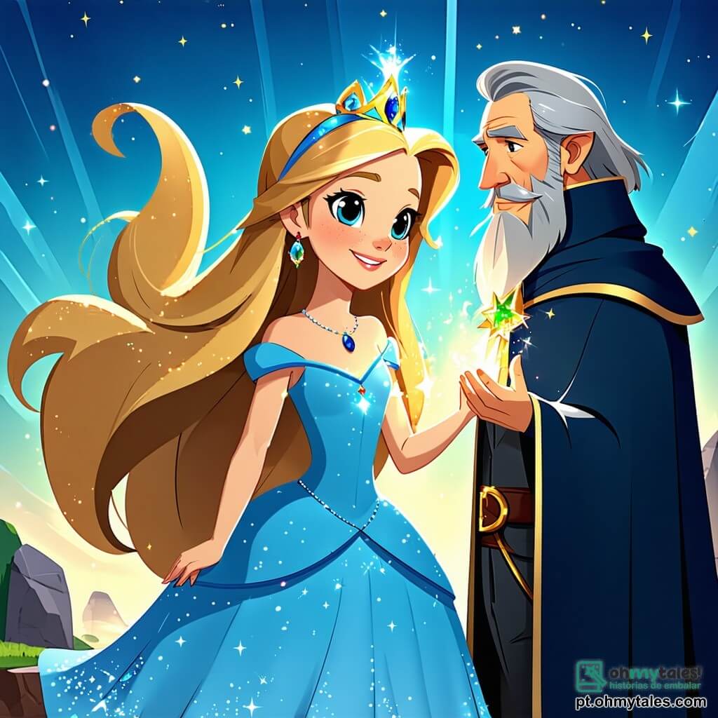 A princesa Luna, uma jovem de longos cabelos dourados e olhos brilhantes de curiosidade, está no centro do palco, seu rosto irradiando uma determinação corajosa. Ela usa um vestido de cetim azul céu adornado com pequenas estrelas cintilantes e segura firmemente seu amuleto em forma de estrela. Ao seu lado, o velho mago Bartholomeu, um homem de cabelos grisalhos e barba espessa, observa atentamente a princesa. Ele está vestido com uma longa robe de veludo roxo, e seus óculos redondos escorregam pelo nariz. Ele segura um velho livro de feitiços, folheando as páginas em busca de pistas. O cenário é um magnífico jardim real, repleto de flores coloridas, grandes árvores com folhas brilhantes e um céu azul radiante. Ao longe, um majestoso castelo se ergue, suas torres brilhando sob o sol. A situação principal mostra a princesa Luna, pronta para partir em uma aventura para encontrar o precioso Espelho das Mil Verdades, enquanto Bartholomeu lhe dá conselhos, cercados pela beleza do jardim encantado.