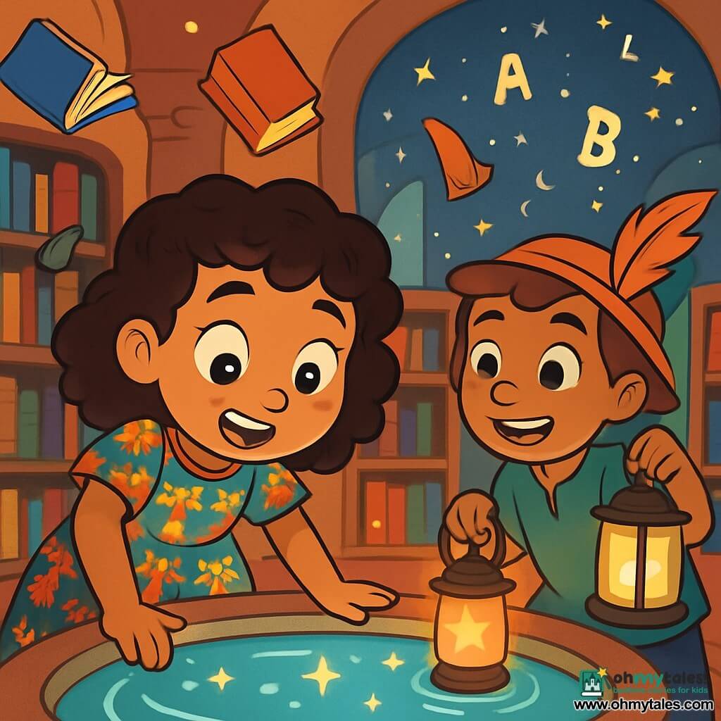 Amina, a ten-year-old girl with curly brown hair, wears a colorful dress adorned with baobab patterns. She has a look of wonder and curiosity, her eyes sparkling as she leans over a shimmering pool of water surrounded by small stars. Next to her, Kofi, a nine-year-old boy with a feathered hat and a bright smile, holds a lantern to light their way. He looks at Amina with admiration, ready to assist her in their quest. Their surroundings are an ancient library with clay walls and shelves filled with colorful books. Large windows let in the soft morning light, while books float around them like birds. The scene depicts Amina and Kofi singing a melody to awaken a sleeping star, surrounded by dancing letters rising to the starry sky.
