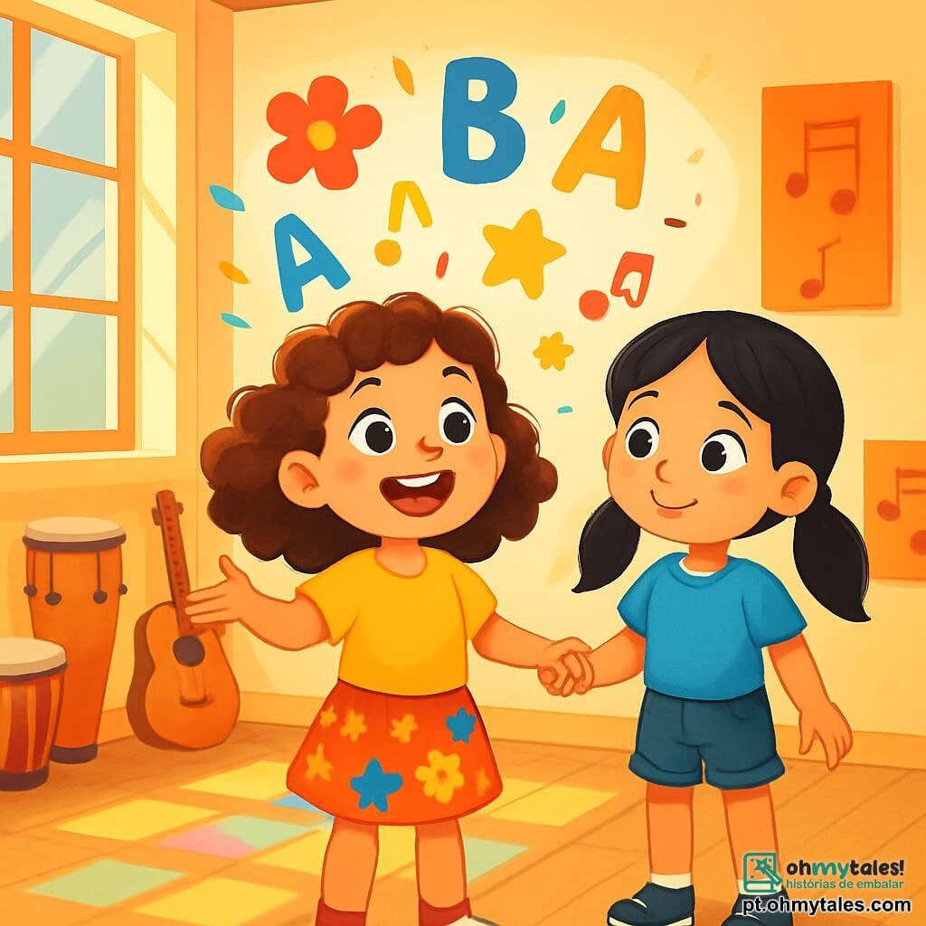 Há 2 personagens principais: - Clara: uma menina de 8 anos, com cabelos cacheados e castanhos, vestindo uma camiseta amarela vibrante e uma saia florida. Ela tem um grande sorriso e olhos brilhantes de curiosidade. Clara está no centro da imagem, com os braços abertos, como se estivesse compartilhando uma ideia brilhante. - Sofia: uma menina de 8 anos, com cabelos lisos e pretos, presos em duas tranças. Ela usa uma camiseta azul e um short de jeans. Sofia está ao lado de Clara, segurando sua mão para apoiá-la, com um olhar encorajador. O cenário principal é uma sala de música iluminada, com grandes janelas deixando entrar a luz do sol. O chão é de madeira clara, e manchas de luz colorida dançam no chão, criando um efeito de vitral. Instrumentos musicais como tambores e guitarras estão pendurados nas paredes, e pôsteres de notas musicais decoram o ambiente. A situação principal da história mostra Clara, cheia de energia, compartilhando sua visão única de letras coloridas com sua turma. Ela está cercada por cores vivas e formas flutuantes que representam as palavras que descreve, como flores e estrelas, enquanto Sofia a encoraja com um sorriso caloroso.