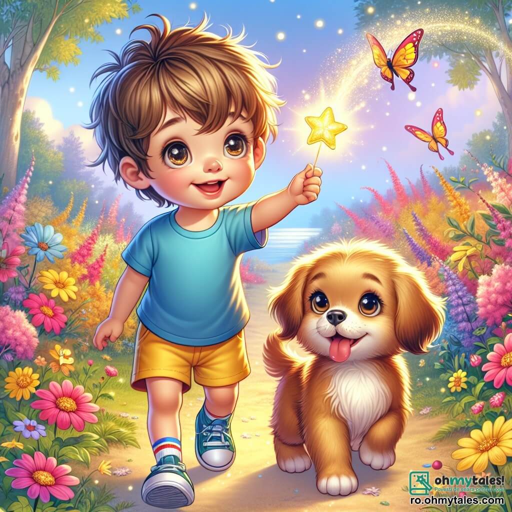 Un băiețel de 2 ani, pe nume Andrei, cu părul castaniu deschis și ochi mari strălucitori de curiozitate, stă în centrul imaginii, zâmbind cu uimire. Poartă un tricou albastru și o pereche de pantaloni scurți galbeni, ținând în mână o stea luminoasă care strălucește vesel. Lângă el, un cățel cu blană aurie, cu urechi lăsate și o coadă care se agită, pare pregătit de joacă. Cățelul, care are aproximativ 1 an, îl privește pe Andrei cu ochi strălucitori, ca și cum l-ar invita să sară și să se distreze împreună. În fundal, o pădure fermecată se întinde la nesfârșit, plină de flori colorate în nuanțe vii de roz, violet și galben. Fulgi de lumină plutesc în aer, creând o atmosferă magică. Scena principală arată cum Andrei și cățelul sar fericiți printre flori, în timp ce fluturi colorați zboară în jurul lor, adăugând la magia acestui moment de aventură.