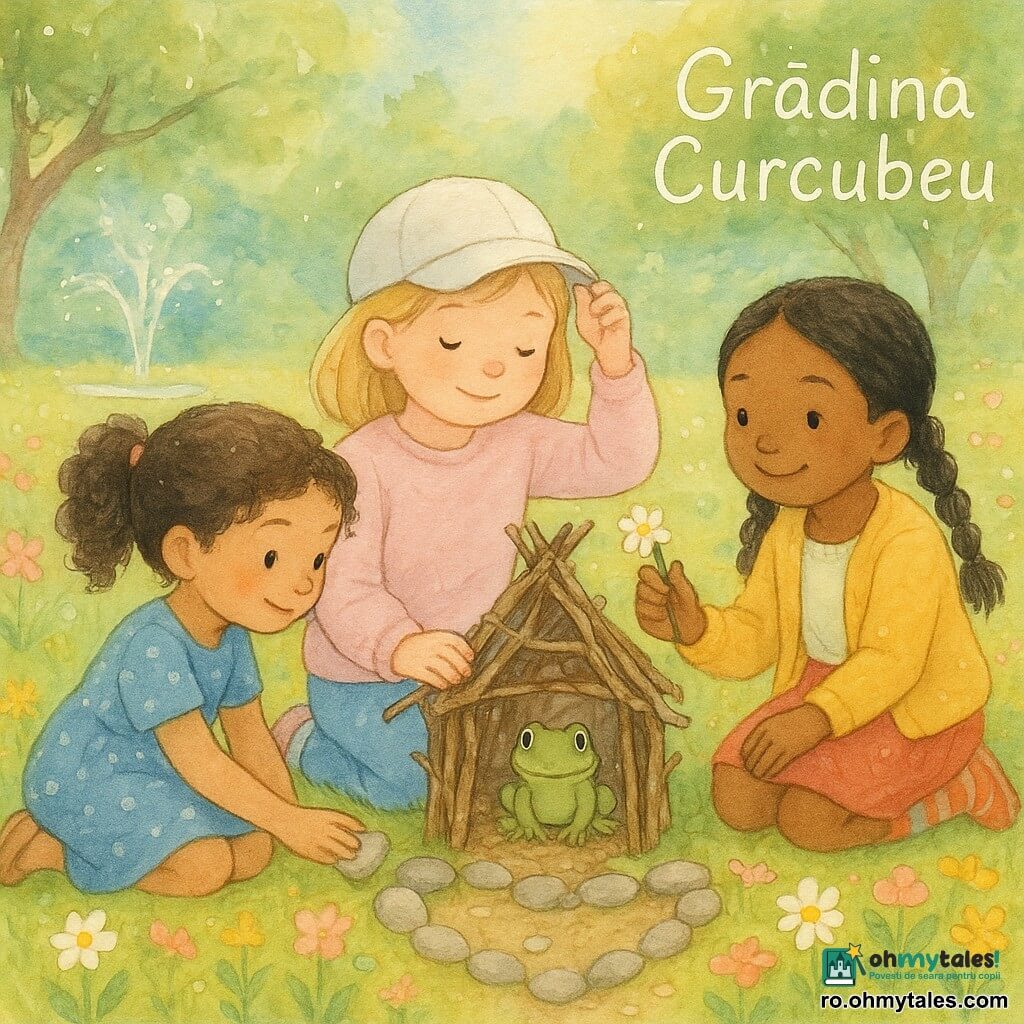 Sunt trei fete: Sofia (≈6 ani, piele deschisă, păr blond șuvițat, șapcă albă, pulover pastel) stătează în centru, își ajustează șapca și privește o căsuță din crenguțe; Mara (≈6 ani, ten măsliniu, păr brun cârlionțat prins sus, rochie albastră cu flori) e în stânga, în genunchi, așezând o piatră într-o formă de inimă; Ilinca (≈6 ani, piele închisă, păr negru împletit, șosete colorate și vestă galbenă) e în dreapta, zâmbitoare, ținând o floare pe care o va pune în decorațiune. Loc: o poieniță luminoasă numită "Grădina Curcubeu" cu iarbă moale, covor de flori multicolore, fântână sclipitoare și copaci cu raze de soare; alee din pietre rotunde și crenguțe, așchii de lemn și petale împrăștiate. Situație: fetele construiesc un colț decorat — inimă de pietre, o casuță din bețe pentru o broască mică și decorațiuni cu flori — scenă de prietenie și ajutor, gesturi tandre, zâmbete line, accent pe texturi tactile (piatră netedă, lemn aspru, petale moi).
