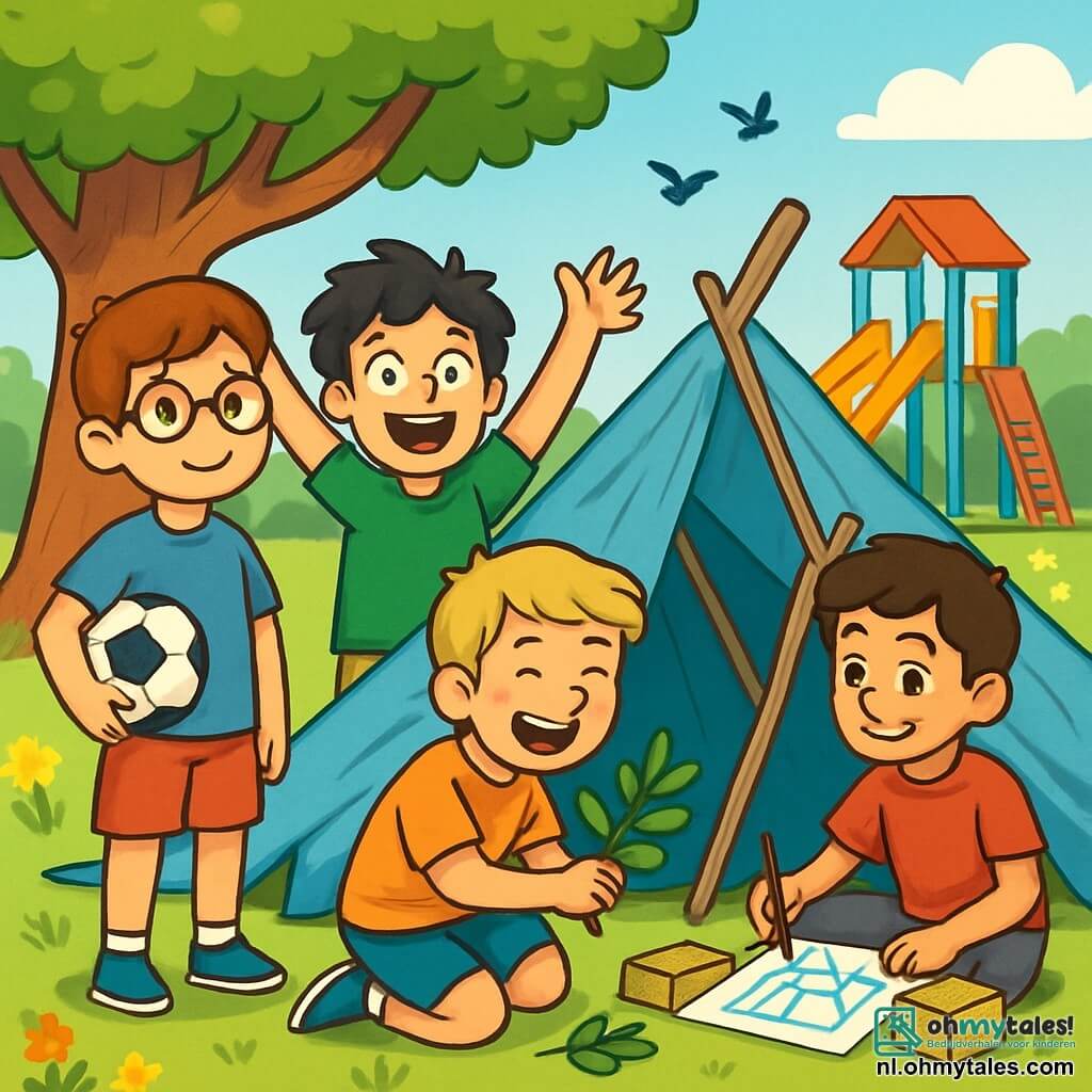 Er zijn 4 kinderen: Sem, een 10-jarig jongen met kastanjebruin haar en ronde bril, in een blauw t-shirt en een rode short, staat lachend met een voetbal onder zijn arm. Bram, ook 10 jaar, met messy zwart haar en sprankelende ogen, draagt een groen t-shirt en beige broek, staat naast Sem en steekt enthousiast zijn armen in de lucht. Tygo, een 10-jarige jongen met blond haar en sproeten, in een oranje t-shirt en marineblauwe short, zit op de grond, lachend terwijl hij bladeren verzamelt om hun hut te versieren. Amir, ook 10 jaar, met bruin haar en een stralende glimlach, in een rood t-shirt en grijze broek, zit op de grond omringd door dozen en maakt plannen voor hun hut. De locatie is een zonnig park met een grote boom, een speelplaats met een kleurrijke glijbaan en gras waar de kinderen spelen. Op de achtergrond zijn kleurrijke bloemen en vogels die in de blauwe lucht vliegen. De vier vrienden bouwen samen een hut met takken, dozen en lakens, lachen samen en delen ideeën, wat de vreugde van vriendschap en creativiteit weerspiegelt.