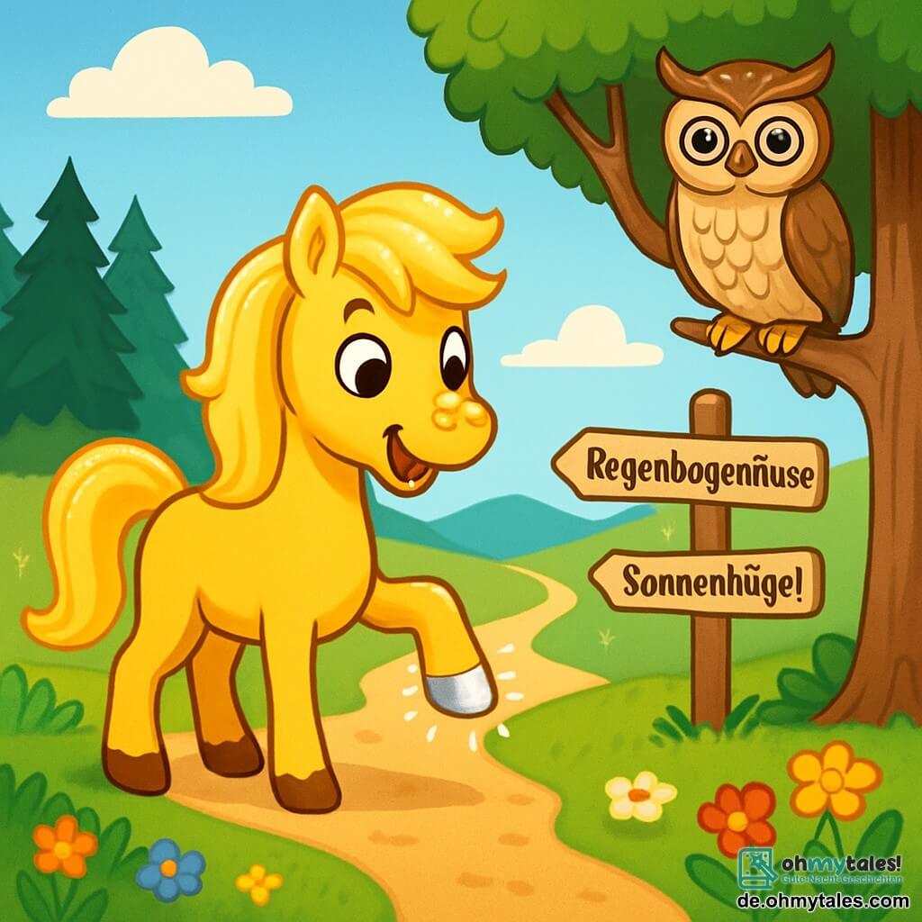 Finni, ein kleines Pferd mit goldenem Fell und glänzender Mähne, steht auf einem sonnigen Weg, seine Augen funkeln vor Neugier und Aufregung. Er betrachtet fasziniert einen seiner Hufe, der silbern schimmert. In der Nähe sitzt Eldara, die weise Eule mit braunen und weißen Federn, auf einem Ast und beobachtet Finni mit einem wohlwollenden und weisen Blick, bereit, ihm Ratschläge für sein Abenteuer zu geben. Die Szenerie zeigt eine wunderschöne grüne Wiese, übersät mit bunten Blumen und umgeben von einem geheimnisvollen Wald mit majestätischen Bäumen. Der Himmel ist strahlend blau, mit flauschigen weißen Wolken. Finni steht vor der Wahl zwischen drei bezaubernden Wegen: der erste führt zum geheimnisvollen Zauberwald, der zweite zum funkelnden Regenbogenfluss und der dritte zum hohen Sonnenhügel, jeder verspricht ein unglaubliches Abenteuer.