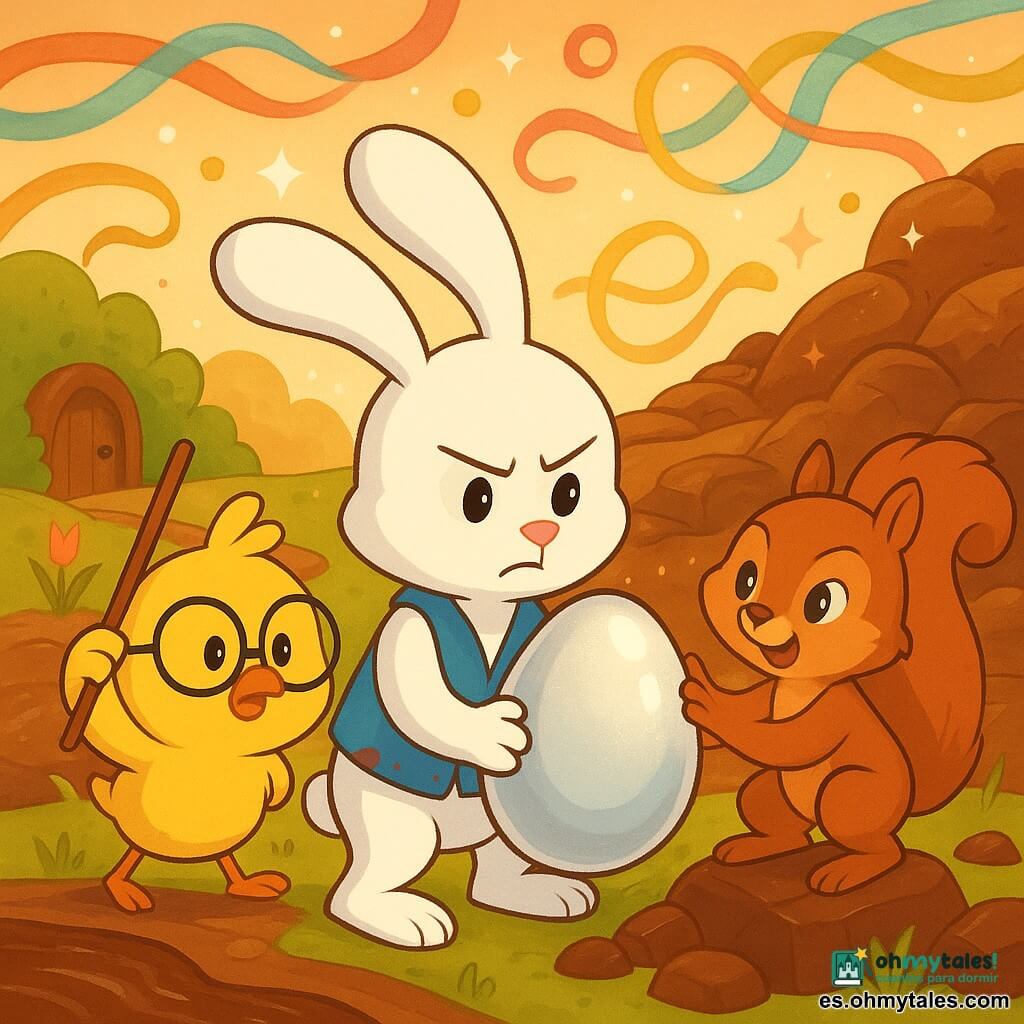 Pim, un pequeño conejo blanco de largas orejas flexibles con aire concentrado, lleva un chaleco azul con manchas de chocolate y sostiene entre las patas un gran huevo nacarado con reflejos plateados; Pío, un pollito amarillo y redondo con gafas cuadradas, parece estresado pero decidido y camina detrás agitando un lápiz como batuta; Nora, una ardilla pelirroja de ojos vivos, se muestra traviesa y orgullosa y sostiene el huevo subiendo a una roca de chocolate a la derecha de Pim; el escenario es la Colina de Chocolate, formada por tabletas y rocas de chocolate, un riachuelo espeso color cacao y briznas de hierba y tulipanes, con cintas de colores flotando en un laberinto ligero y burbujas luminosas y destellos de vainilla en el aire; la escena transmite aventura alegre y ligera tensión, colores cálidos y saturados, líneas redondeadas y contornos limpios; composición con los tres personajes en primer plano, el huevo brillante en el centro, la colina y el riachuelo al fondo y una pequeña puerta de madera oculta en un seto a la izquierda; estilo dibujo animado 2D de líneas limpias, texturas suaves (pelaje, chocolate brillante, plumas esponjosas), paleta pastel y tonos chocolate, atmósfera acogedora y mágica.