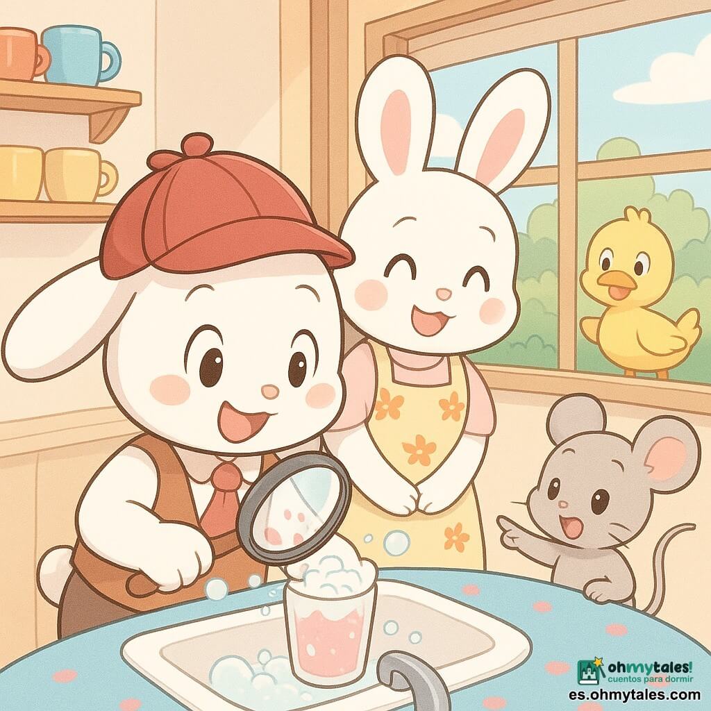 El personaje principal es un pequeño conejo blanco antropomorfo, curioso y alegre, con un sombrerito rojo de detective y una lupa, inclinando la cabeza y sonriendo mientras sostiene un vaso con manchas rosas de jugo sobre el fregadero; la mamá coneja, dulce y sonriente, lleva un delantal de flores y está detrás de la mesa azul con mirada benevolente; la ratoncita gris, viva y atenta, está junto a la ventana señalando una pequeña mancha rosa en el mantel; el pato amarillo, divertido y sorprendido, está en el jardín visible por la ventana mirando hacia la cocina; el hermano conejo, más pequeño y juguetón, ríe y aplaude junto a la mesa; la cocina es cálida y luminosa con mesa redonda y mantel azul, fregadero de cerámica blanca, burbujas de jabón, luz solar y estantes de madera con tazas de colores. La escena principal muestra al pequeño detective que acaba de encontrar su vaso pegajoso sobre el fregadero y lo lava suavemente con una esponja espumosa, rodeado de amigos curiosos y sonrientes. Estilo manga, líneas redondeadas y colores pastel, expresiones exageradas y siluetas simples para niños de 4 años.