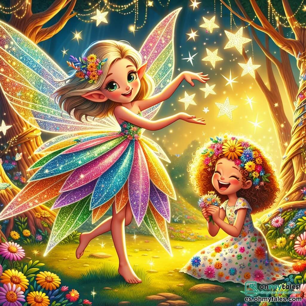 Una hada chispeante llamada Fina, con alas brillantes de colores del arcoíris, está en el centro de la imagen, sonriendo ampliamente y con ojos llenos de alegría. Está rodeada de pequeñas estrellas brillantes que bailan a su alrededor, mientras extiende la mano para liberar una estrella de papel que vuela hacia el cielo. A su lado, Lía, una niña de 8 años con cabello rizado y dorado, lleva un vestido colorido adornado con flores. Está de rodillas, riendo a carcajadas, con las manos llenas de flores de todos los colores que acaba de recoger. Lía mira a Fina con admiración, lista para ayudarla en su aventura. El escenario es un claro de bosque mágico, lleno de árboles con troncos retorcidos y hojas brillantes, donde flores de colores vivos florecen. Rayos de sol se filtran a través de las ramas, iluminando la escena con una suave luz dorada. La situación principal muestra a Fina, el hada, saliendo de una delicada telaraña brillante, mientras Lía, llena de entusiasmo, la anima y ríe, creando una atmósfera de camaradería y aventura.