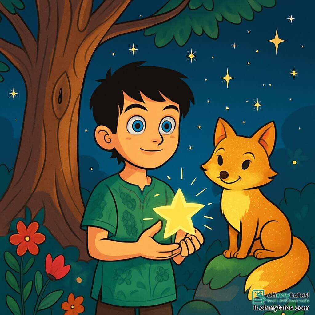 Elian, un ragazzo di dodici anni con occhi azzurri e capelli neri, si trova al centro della scena, con un'espressione di meraviglia e determinazione. Indossa una tunica verde smeraldo decorata con motivi floreali e tiene un'astro brillante tra le mani, pronto a liberarlo nel cielo. Accanto a lui, la volpe dorata, una creatura magica con pelo scintillante e occhi furbi, lo osserva sorridendo, come se condividesse un segreto. Sullo sfondo, un maestoso albero con radici imponenti e rami che si estendono verso il cielo, costellato di stelle scintillanti. Fiori colorati e lucciole danzano intorno, creando un'atmosfera incantevole. La scena rappresenta Elian pronto a liberare l'astro, simbolo di speranza e magia, mentre la volpe lo incoraggia silenziosamente, simboleggiando l'unione tra l'uomo e la magia della natura.