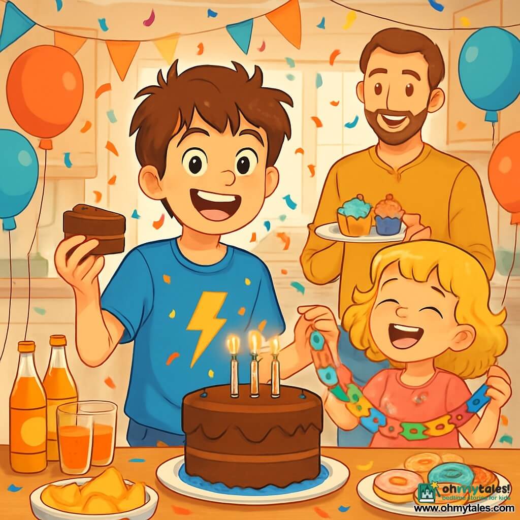 A 12-year-old boy with tousled brown hair and sparkling eyes stands at the center of the scene, a big smile illuminating his face. He wears a blue T-shirt with a yellow lightning bolt and jeans. He is surrounded by colorful balloons and birthday decorations, holding a piece of chocolate cake in one hand. Next to him, his 6-year-old sister with curly blonde hair laughs heartily, her eyes shining with mischief. She is dressed in a pink dress with flower patterns, holding a colorful paper garland. Their father, a man in his thirties with light stubble and a warm smile, stands in the background holding a plate of decorated cupcakes. He looks at his children with pride and amusement. The scene takes place in a bright and welcoming kitchen adorned with paper garlands and floating balloons. A large table is set with appetizing dishes, sparkling drinks, and a majestic birthday cake decorated with sparkling candles. The boy, with an excited expression, has just blown out his candles, while colorful confetti falls around him, creating a festive and joyful atmosphere.