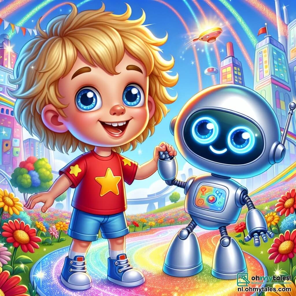 Een 4-jarig jongetje genaamd Finn, met rommelig blond haar en grote glanzende ogen, glimlacht vrolijk terwijl hij de hand vasthoudt van een vriendelijke robot. Finn draagt een rode t-shirt met sterren en een blauwe short. Naast hem staat robot Bobbie, met een glad en zilver oppervlak, die met zijn heldere ogen en beweegbare armen glimlacht terwijl hij een groot bord omhooghoudt met de tekst "Welkom in Glimstad!". De achtergrond is een futuristische stad met kleurrijke gebouwen die dansen in de zon, reusachtige bloemen die zachtjes wiegen en vliegende auto's die boven hen voorbijgaan. De scène speelt zich af in een heldere park vol met het gelach van kinderen en robots, waar de muren vrolijke liedjes fluisteren. Finn en Bobbie tekenen samen op een kleurrijke vloer, omringd door bloemen die lijken te luisteren naar hun gesprek. De sfeer is vol magie en geluk, wat een dag van leren en spelen in deze wonderlijke stad illustreert.