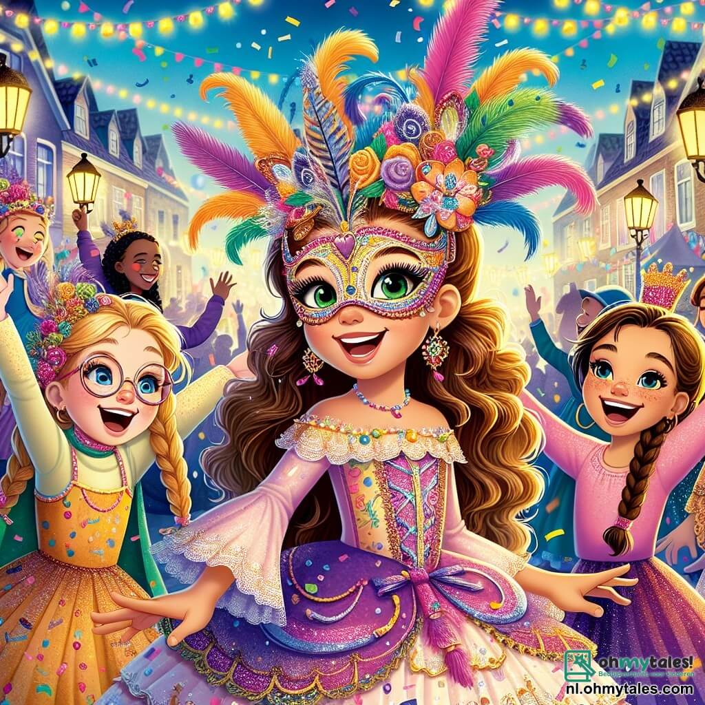 In het midden van de afbeelding danst Lila, een negenjarig meisje met lange krullende haren en sprankelende groene ogen, vrolijk terwijl ze een prachtig kleurrijk masker met veren en glitter draagt. Rechts van haar is Sophie, een andere negenjarige met gevlochten blond haar en een stralende glimlach, die vol energie haar armen in de lucht steekt. Links staat Mia, een negenjarig meisje met kastanjebruin haar en ronde bril, die lacht terwijl ze probeert het ritme van de dans te volgen. Op de achtergrond is het dorp Zonnedorp levendig, met straten versierd met kleurrijke slingers, fonkelende lantaarns en confetti die door de lucht zweven. Kinderen en volwassenen in feestelijke kostuums dansen en hebben plezier, wat een vrolijke en levendige sfeer creëert. De hoofdscène toont Lila en haar vriendinnen die samen dansen, betoverd door de magie van het carnaval, terwijl een zachte melodie om hen heen lijkt te zweven, wat de "Reizende Klank" symboliseert die hen inspireert om vriendschap en vreugde te vieren.