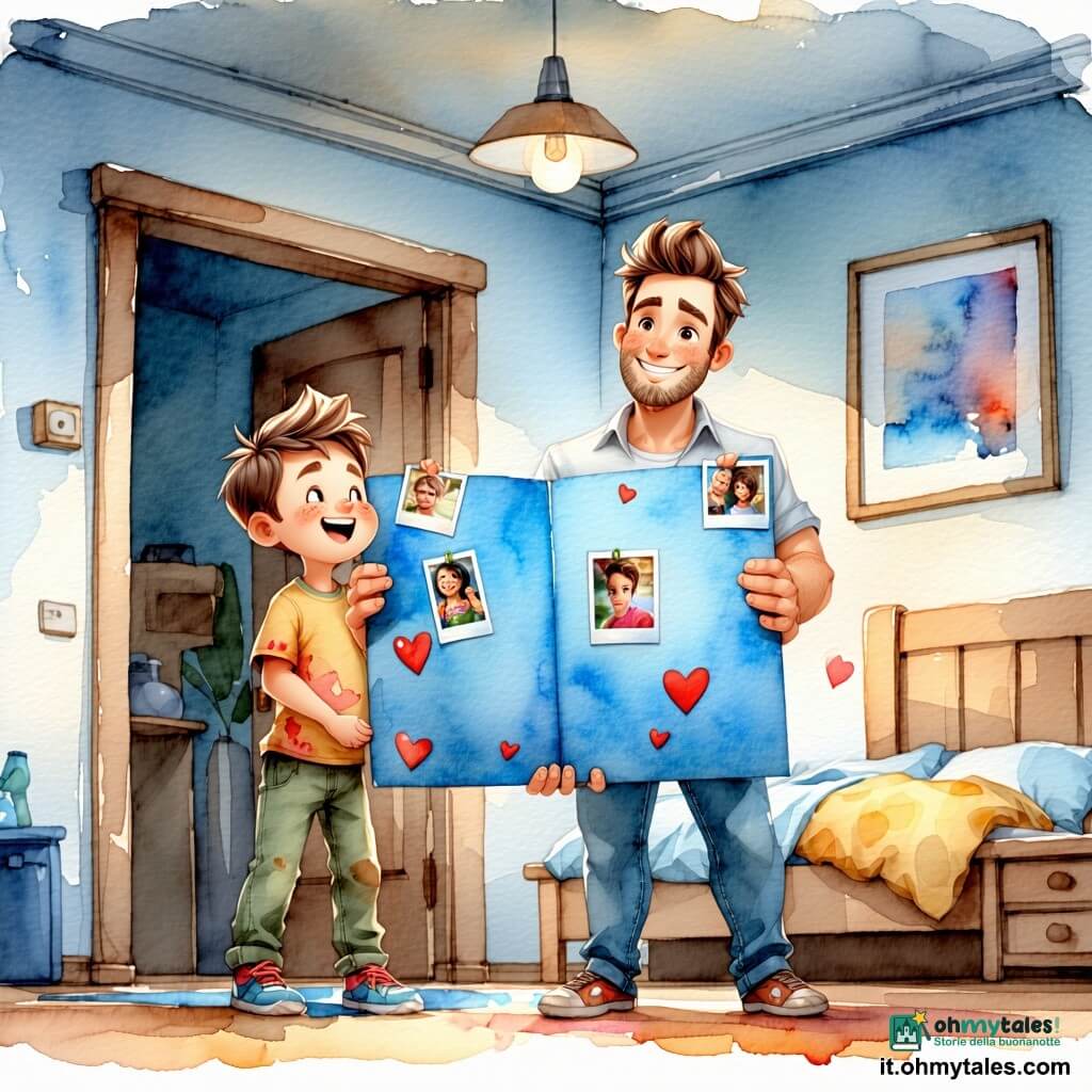 Un ragazzo di 8 anni, gioioso e orgoglioso, capelli castano chiaro spettinati, dita con macchie di colla e occhi ridanciani, tiene davanti a sé un grande cartoncino blu decorato con foto e piccoli cuori rossi; un uomo adulto (padre, circa 35–40 anni), volto rotondo e sorridente, barba leggera, emozionato e sorpreso, con le mani aperte per ricevere il regalo, in piedi a pochi passi; sullo sfondo la camera e l’ingresso della casa con pavimento in legno chiaro, tappeto colorato, scaffali con giocattoli e una finestra che lascia entrare una luce mattutina soffusa; situazione intima e calorosa, gesti ed espressioni nitidi.