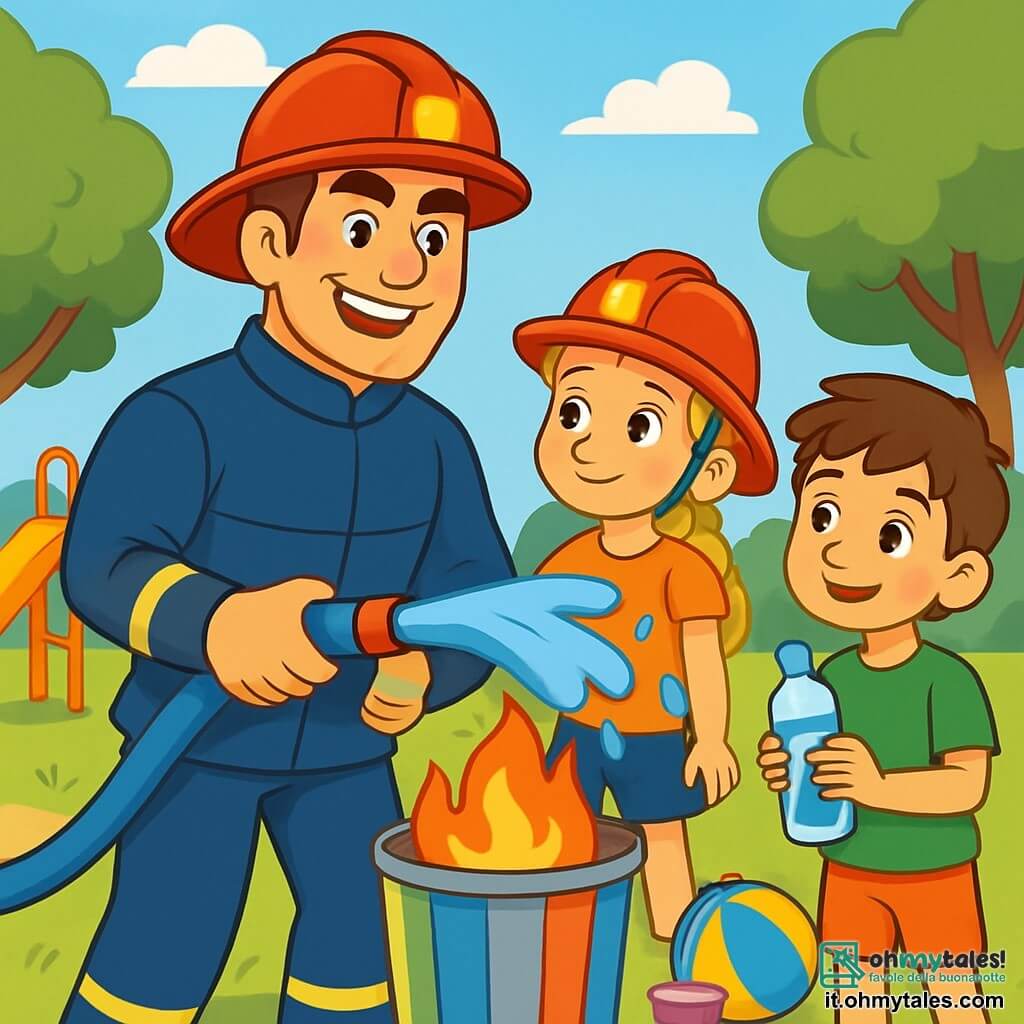 Un pompiere alto e muscoloso, con capelli castani e occhi pieni di determinazione, indossa una tuta blu scuro e un casco rosso brillante. Sorride con orgoglio mentre tiene un grande tubo d'acqua, pronto a spegnere un piccolo incendio. Accanto a lui, una ragazza di 8 anni, Chiara, con capelli biondi intrecciati e occhi curiosi, indossa un piccolo casco rosso e guarda con ammirazione il suo eroe. Un ragazzo di 9 anni, Tommaso, con capelli castani e occhi brillanti, tiene una bottiglia d'acqua, pronto ad aiutare. La scena si svolge in un parco soleggiato, con alberi verdi e un cielo azzurro. Al centro, un piccolo fuoco crepita in un bidone colorato, circondato da giocattoli e risate di bambini. La situazione mostra il pompiere e i bambini in azione, pronti a spegnere il fuoco con entusiasmo e coraggio, illustrando lo spirito di squadra e di aiuto reciproco.