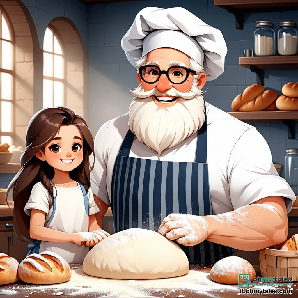 Un uomo, Giovanni, è al centro dell'immagine, con una lunga barba bianca e occhiali rotondi. Indossa un bel grembiule a righe e un cappello da chef, sorridendo gioiosamente, circondato da farina. Giovanni sta impastando della pasta per pane, con le mani piene di farina, mostrando il suo amore per la panificazione. Accanto a lui, una ragazza di 8 anni, Lucia, ha lunghi capelli castani e indossa una maglietta colorata. Sta modellando un piccolo pane a forma di pesce, con gli occhi brillanti di eccitazione. Un ragazzo di 7 anni, Marco, con capelli biondi arruffati, è appena dietro, ridendo mentre cerca di creare un pane a forma di cane, con farina sul viso. La scena si svolge in una deliziosa panetteria, "Il Forno Felice", con muri di mattoni rossi e scaffali pieni di pani dorati e dolci. Raggi di sole filtrano attraverso la finestra, illuminando la stanza con una luce calda. La situazione principale mostra Giovanni e i bambini che preparano insieme pani dalle forme divertenti, pieni di gioia e risate, creando un'atmosfera magica e accogliente.