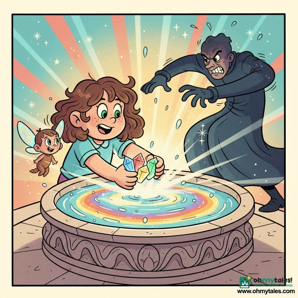 An 8-year-old girl named Lily with a round face, freckles, shoulder-length curly brown hair and bright green eyes, determined and awed, holds three glowing blue, red and green crystals as she places them in the "Flowing Fountain of Time" — a carved stone circular basin with rainbow-ribboned swirling water and floating sparkling droplets; a tiny pixie named Tiko (hand-sized) with iridescent wings and a mischievous smile hovers at Lily's left shoulder; a shadowy adult time thief in a long coat, face partially shaded and furious, recoils at rising beams of light in the background right; warm colorful lighting, sparkling particles, sharp contrasts and elastic contours in a rubber-hose style, saturated pastel palette (turquoise, salmon-pink, gold), smooth textures and soft shadows, medium close-up centered on Lily with Tiko left, thief right, fountain center-rear.
