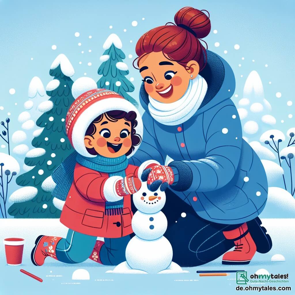 Ein einjähriges Mädchen mit großen, leuchtenden Augen und rosigen Wangen trägt eine leuchtend rote Jacke und bunte Handschuhe. Sie lacht fröhlich, während sie einen kleinen Schneemann in einem verschneiten Garten baut. Ihre Mama, eine etwa 30-jährige Frau mit braunem, hochgestecktem Haar und einem blauen Mantel, hockt neben ihrer Tochter, lächelt und wirft ihr einen liebevollen Blick zu, während sie einen großen Schneeball für eine freundschaftliche Schneeballschlacht vorbereitet. Der Ort ist ein winterlicher Garten, bedeckt mit einer dicken Schicht glitzerndem Schnee, mit Bäumen, deren Äste mit Schnee belastet sind, und einem hellblauen Himmel, der mit flauschigen weißen Wolken durchzogen ist. Die Hauptsituation zeigt das kleine Mädchen und ihre Mama, die zusammen Spaß haben, lachen und im Schnee spielen, während der Wind die Schneeflocken um sie herum tanzen lässt.